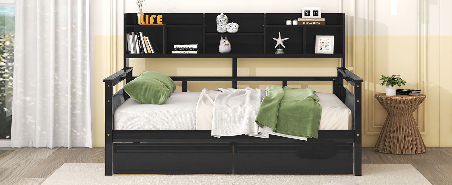 Daybed, Wood Slat Support, With Bedside Shelves And Two Drawers