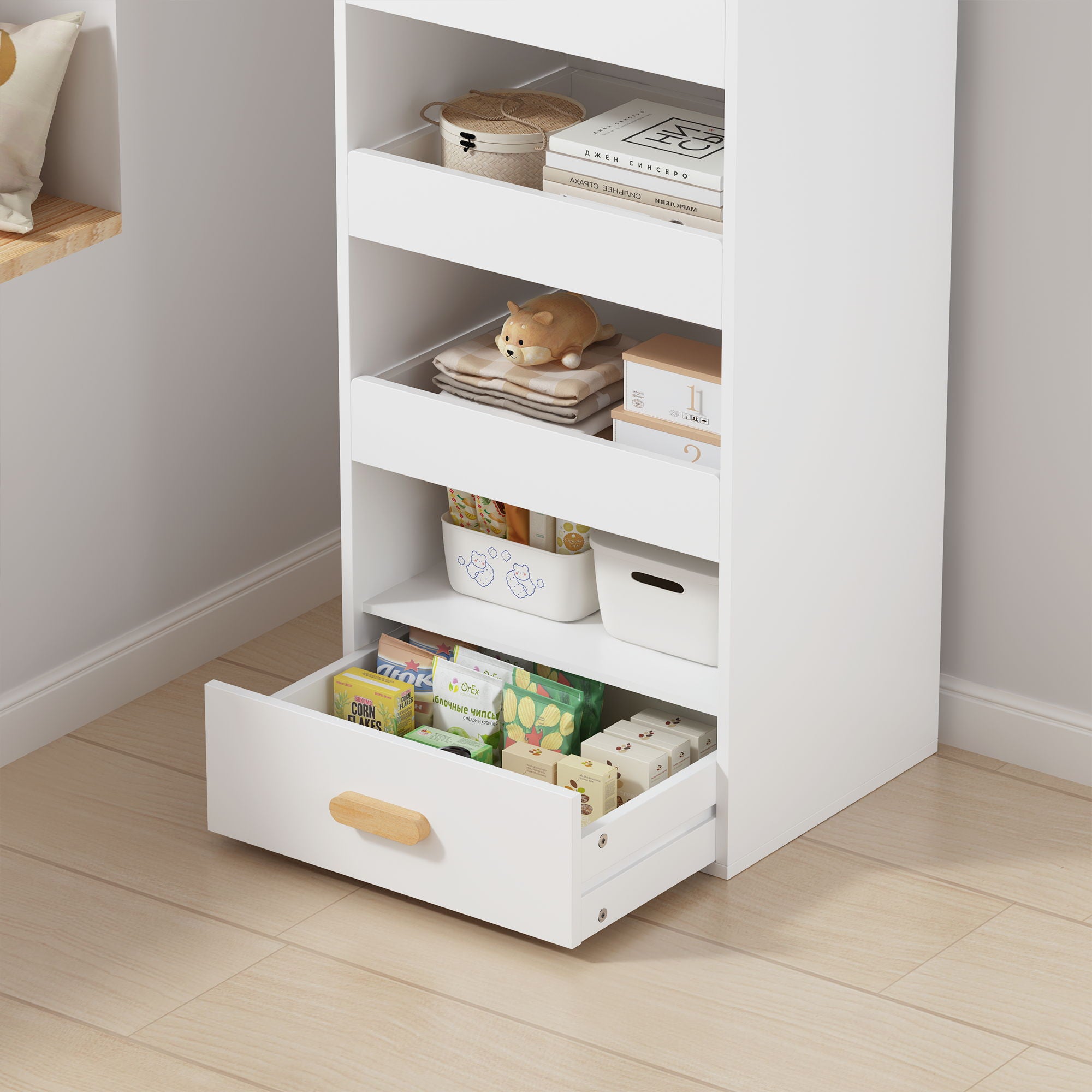 4 Tier Freestanding Bookshelf With 3 Sliding Drawers And 1 Bottom Drawer - White