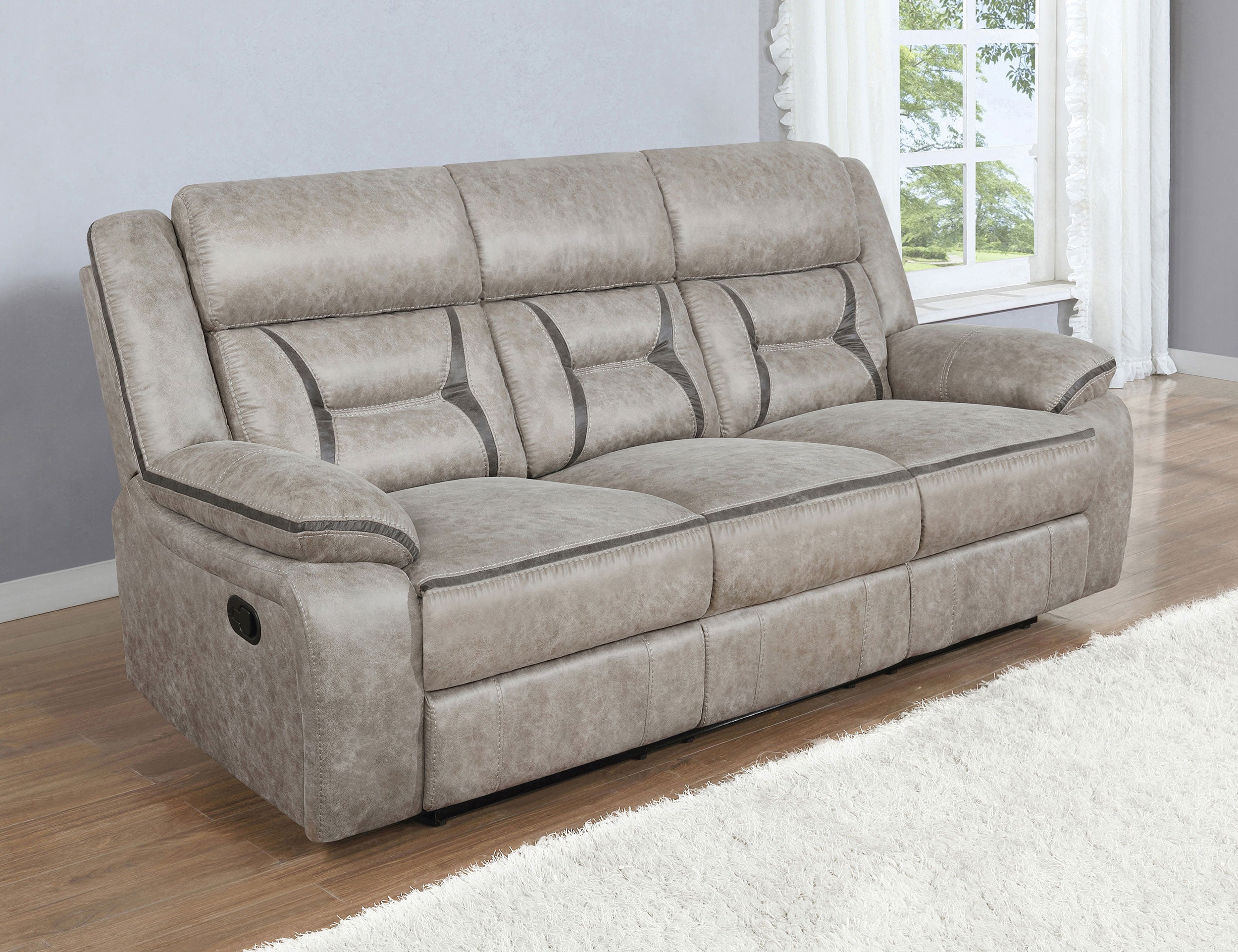 Greer Upholstered Motion Reclining Sofa Taupe-CoasterEveryday