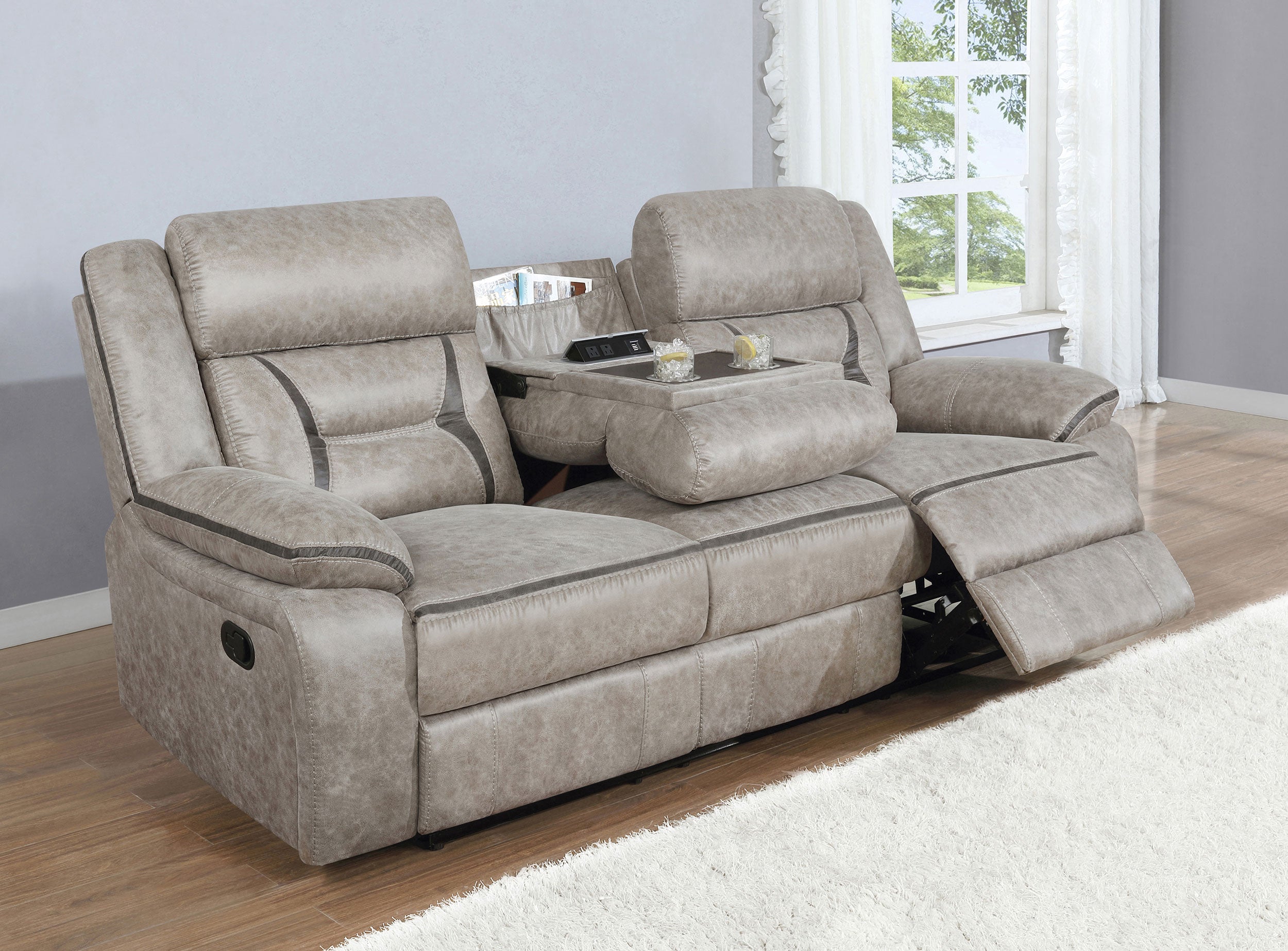 Greer Upholstered Motion Reclining Sofa Taupe-CoasterEveryday
