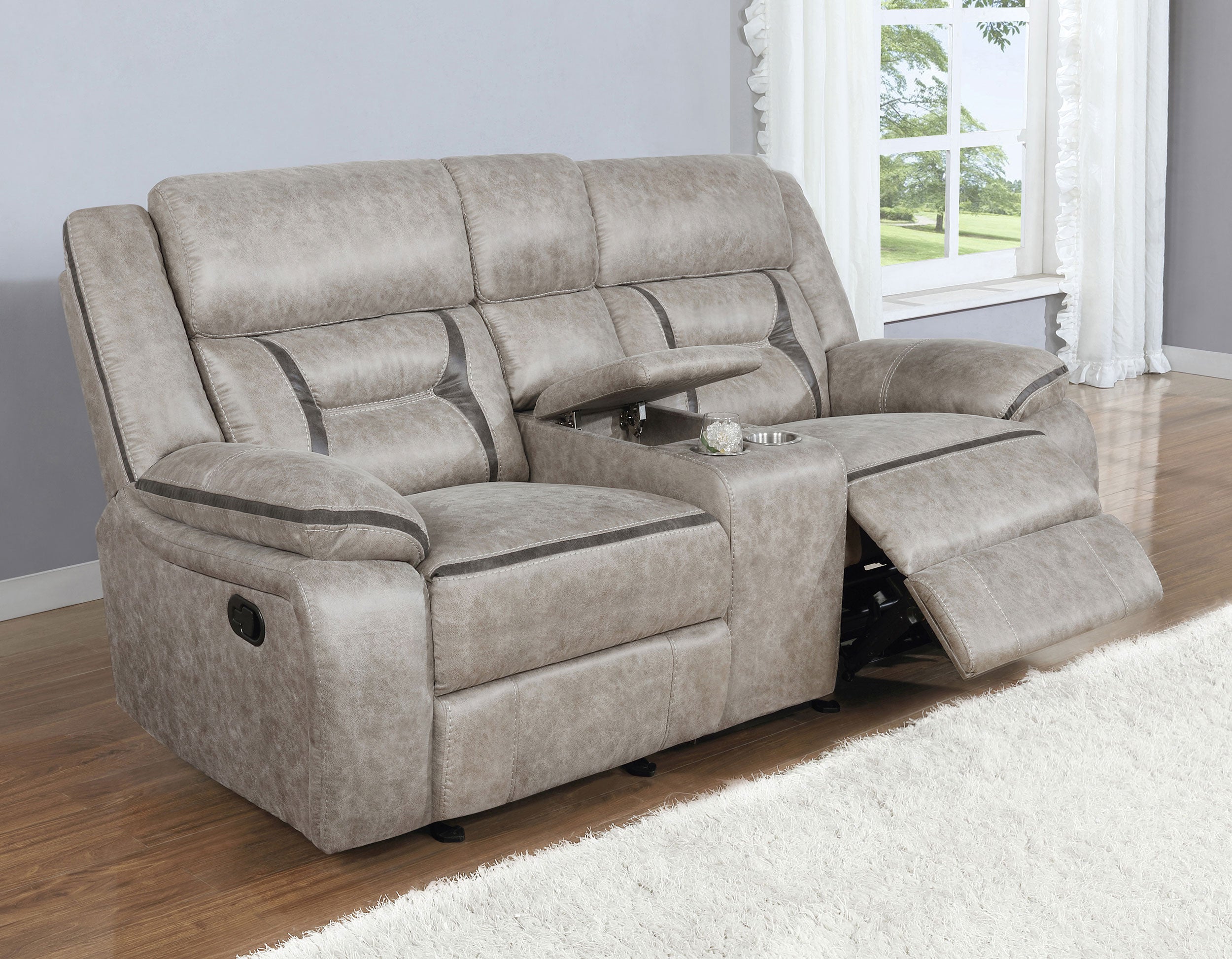 Greer Upholstered Motion Reclining Loveseat Taupe-CoasterEveryday