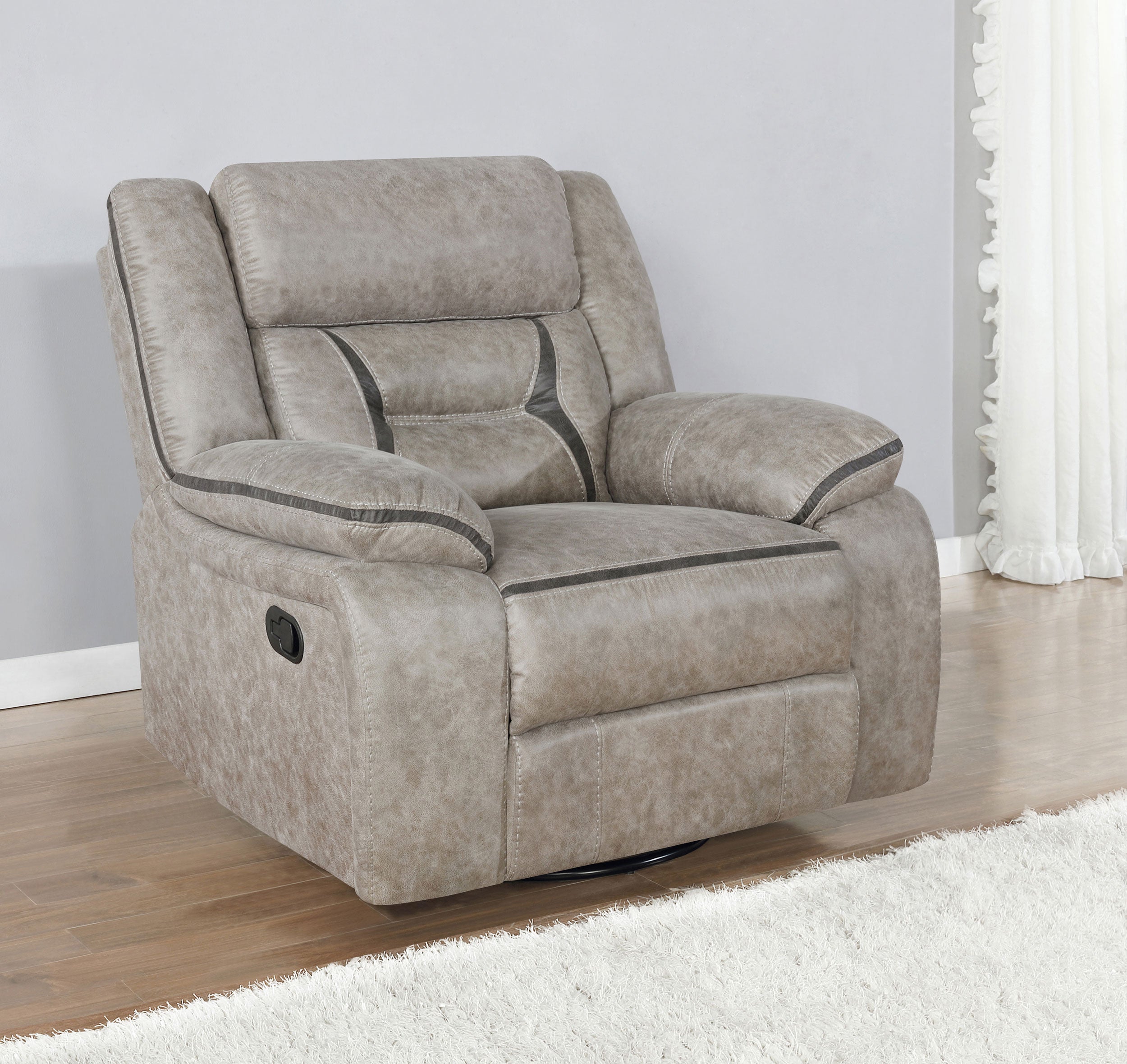 Greer Upholstered Swivel Glider Recliner Chair Taupe-CoasterEveryday