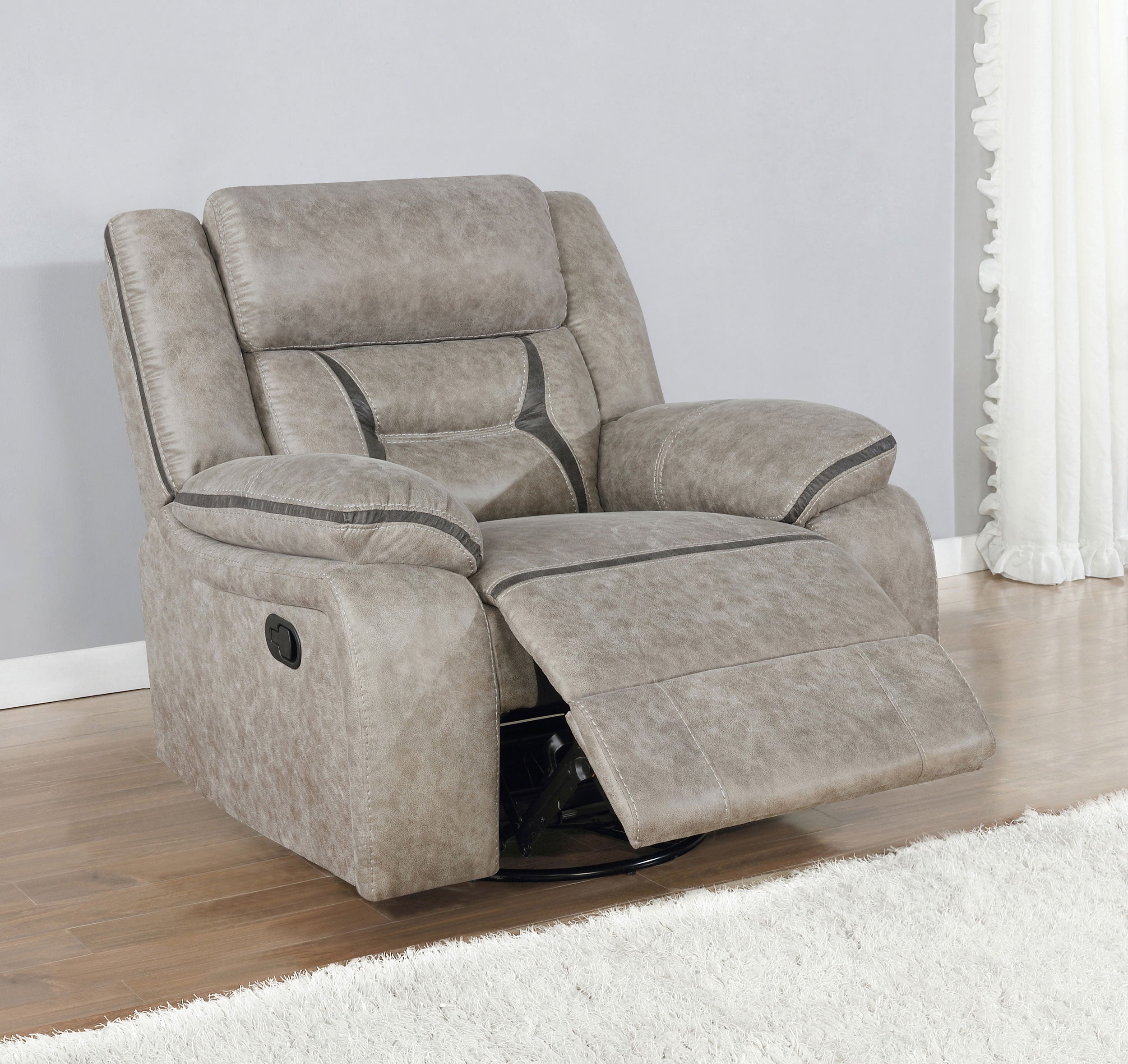 Greer Upholstered Swivel Glider Recliner Chair Taupe-CoasterEveryday