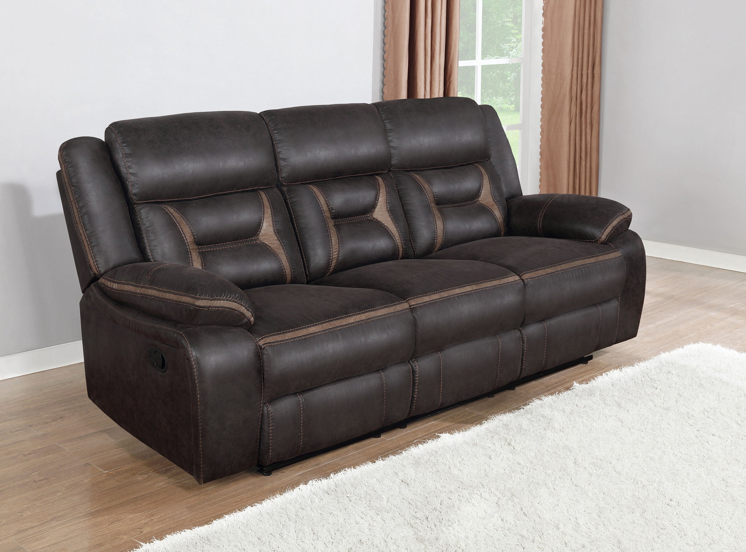 Greer Upholstered Motion Reclining Sofa Brown-CoasterEveryday