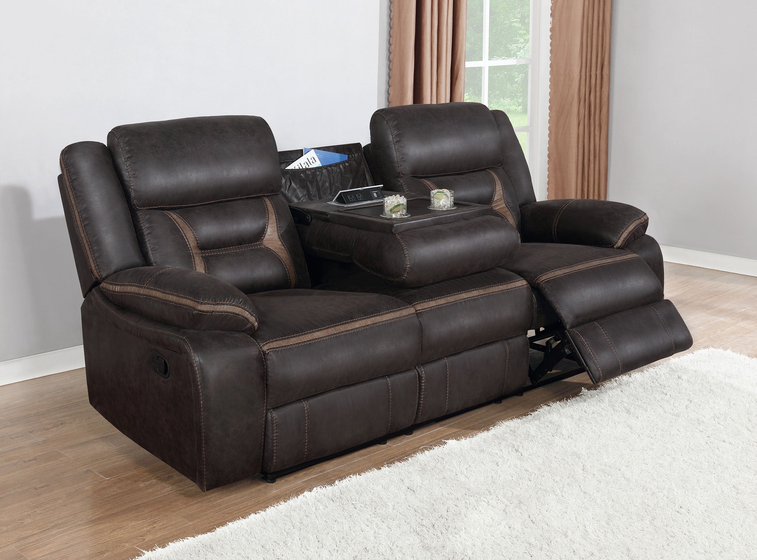 Greer Upholstered Motion Reclining Sofa Brown-CoasterEveryday