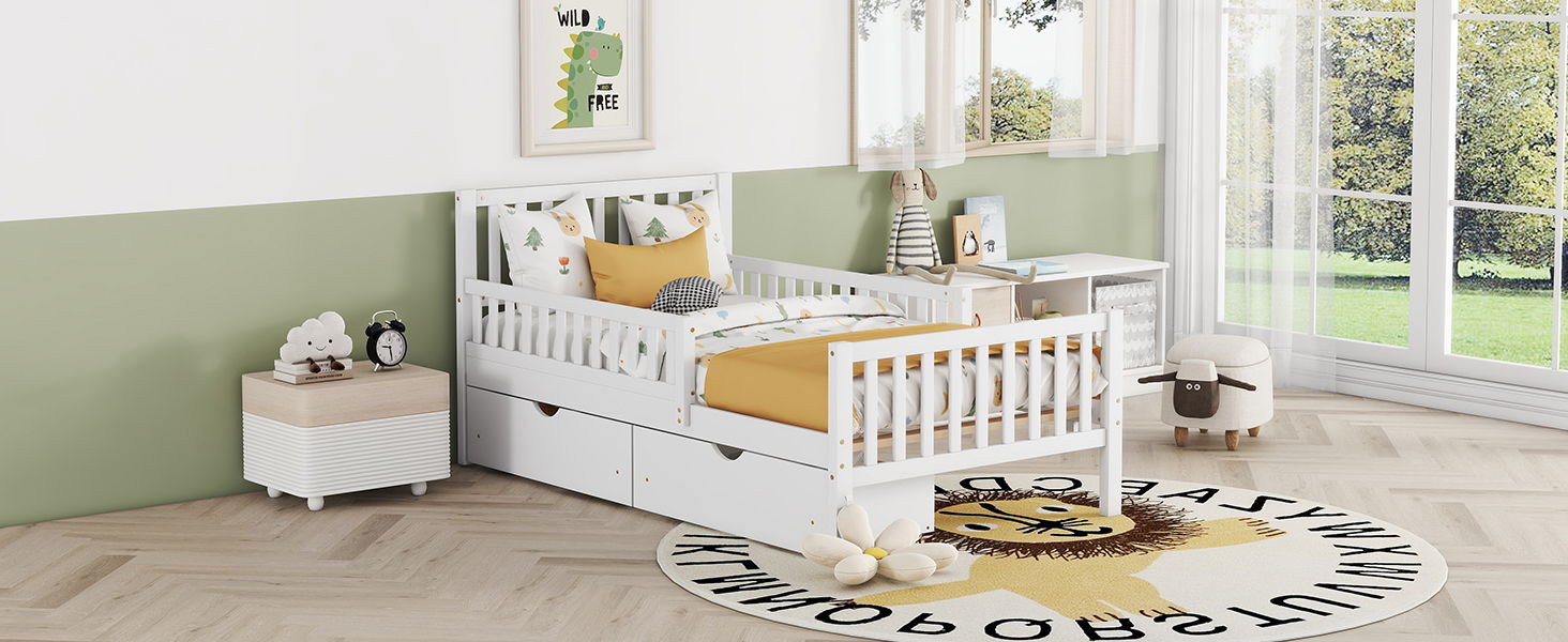 Platform Bed With Guardrails On Both Sides And 2 Storage Drawers