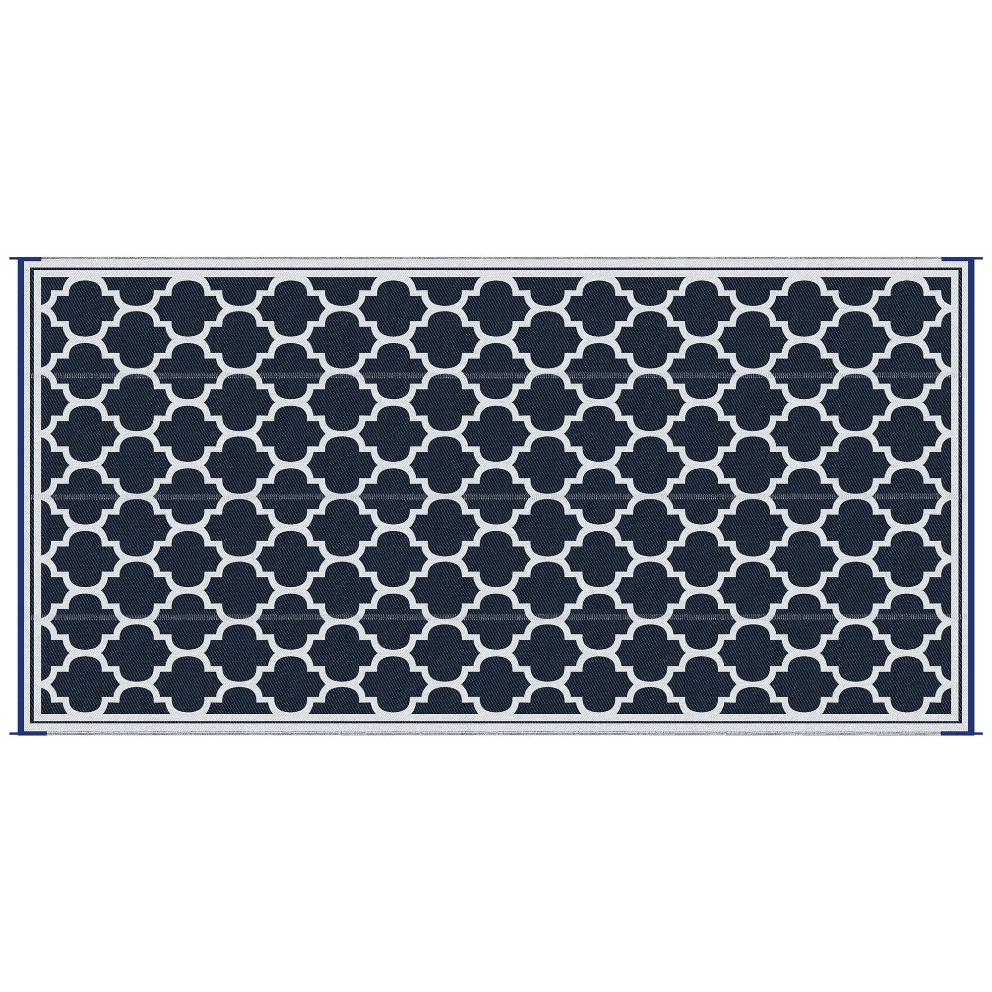 Reversible outdoor rug carpet, 9' x 18' waterproof plastic straw rug, blue & white