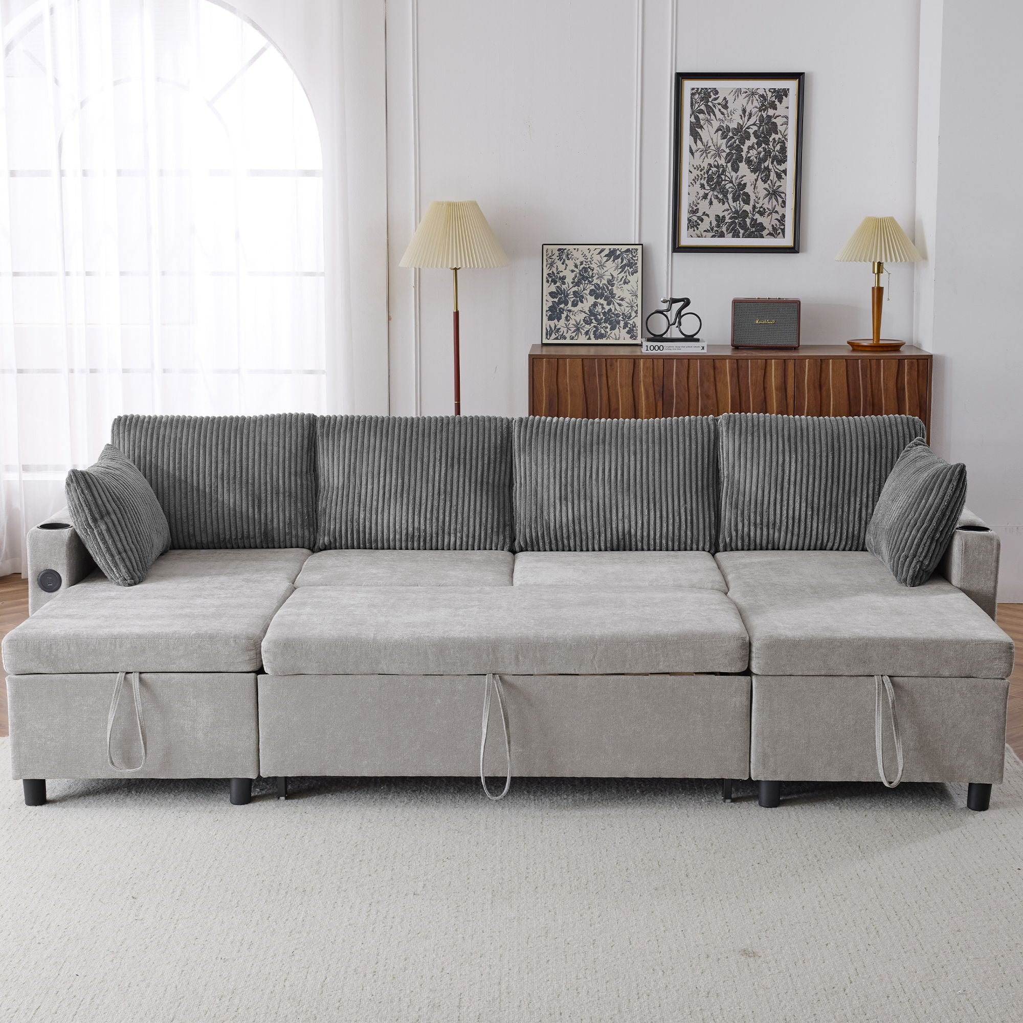 Sectional Sofa Bed With Pull Out Sleeper, USB Ports, Cup Holders