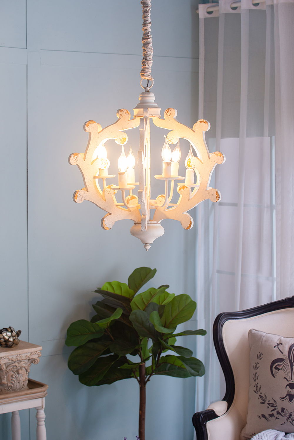 6 Light White Wood and Iron Chandelier with Adjustable Chain
