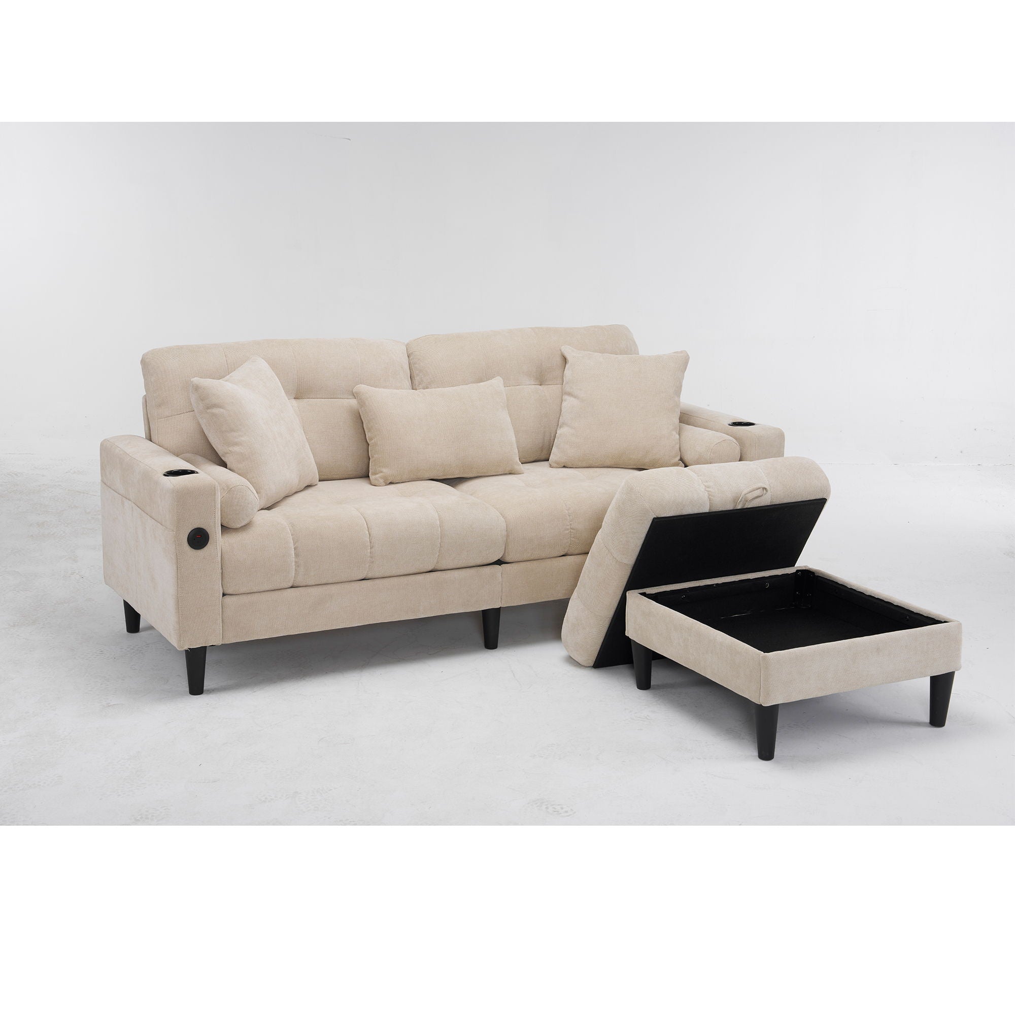 3 Seat L-Shaped Chenille Sofa With Removable And Storage Ottoman, Side Storage, And USB / C - Type Charging Ports Sofa For Living Room