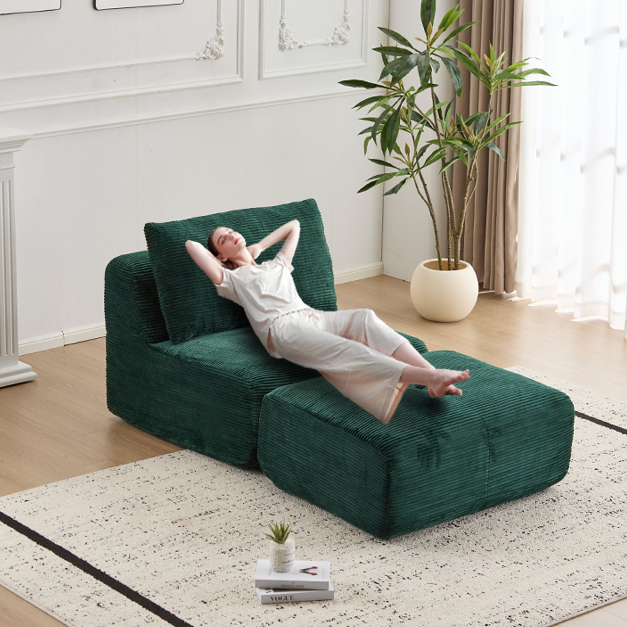 Compressed Sofa, Single Chaise Longue, Movable Ottoman For Living Room - Green