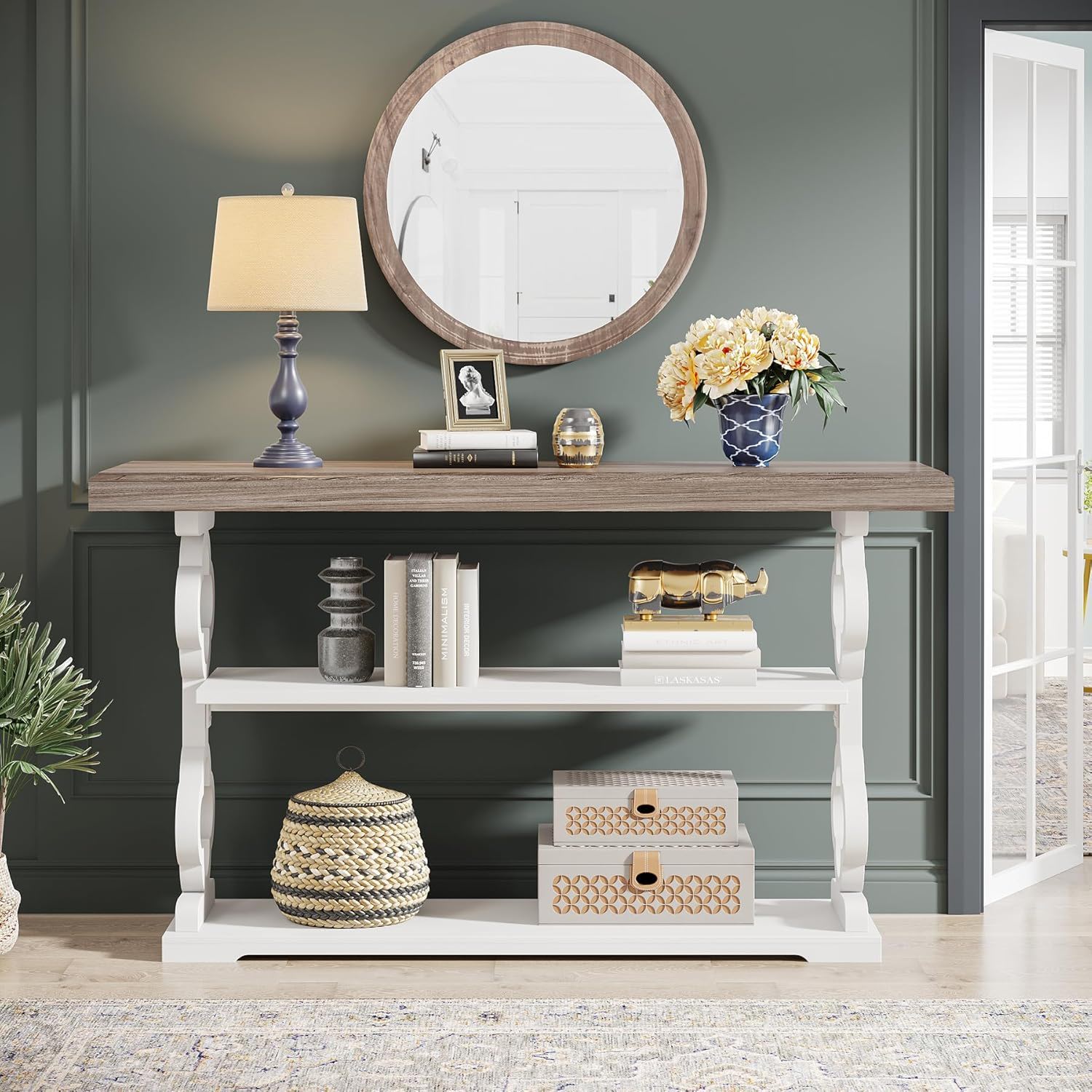 Console Sofa Table With 3 Shelves, Floral Carved Accent - Gray / White