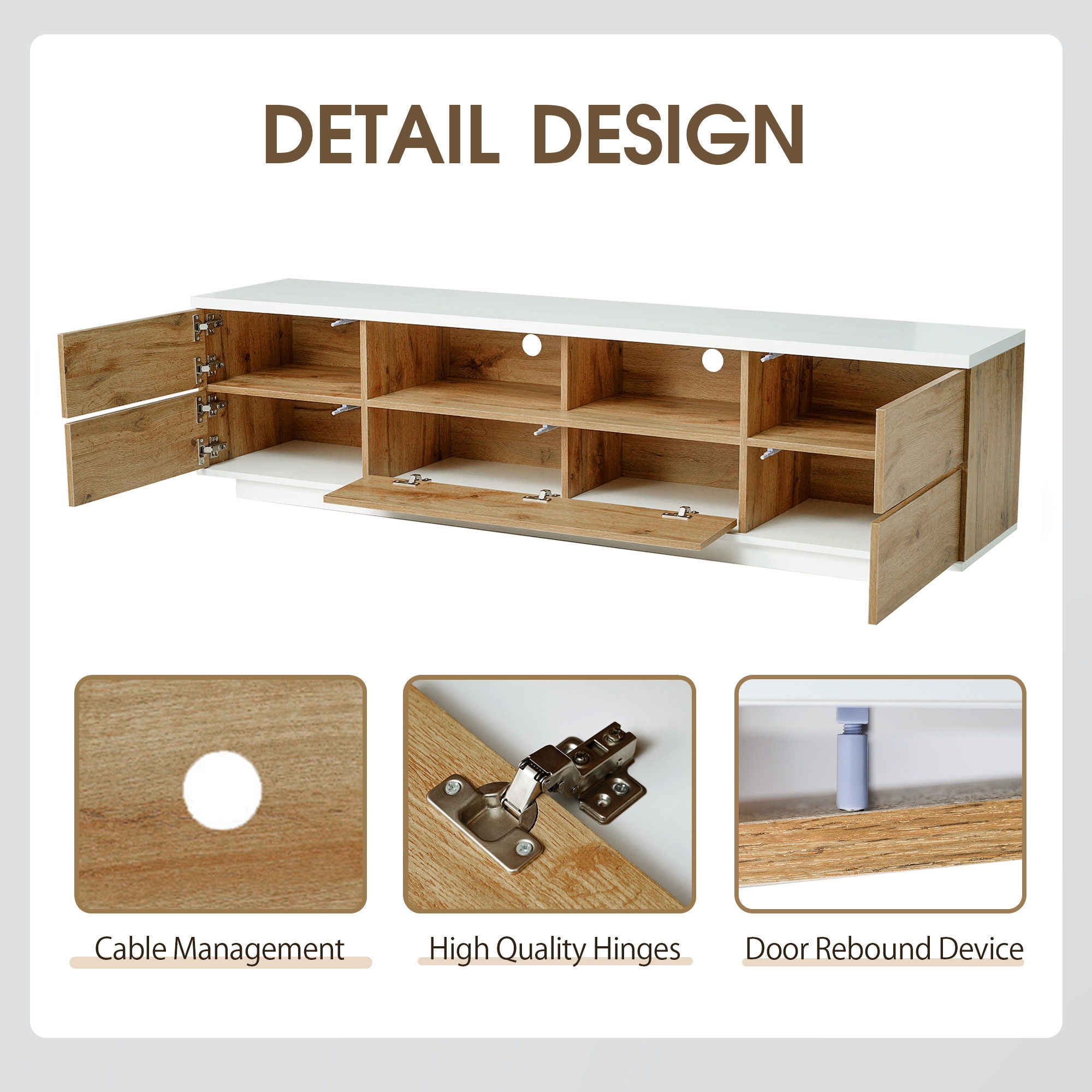 TV Stand, Entertainment Center With Deep Drawers, Cable Management & Soft Closing Hinges