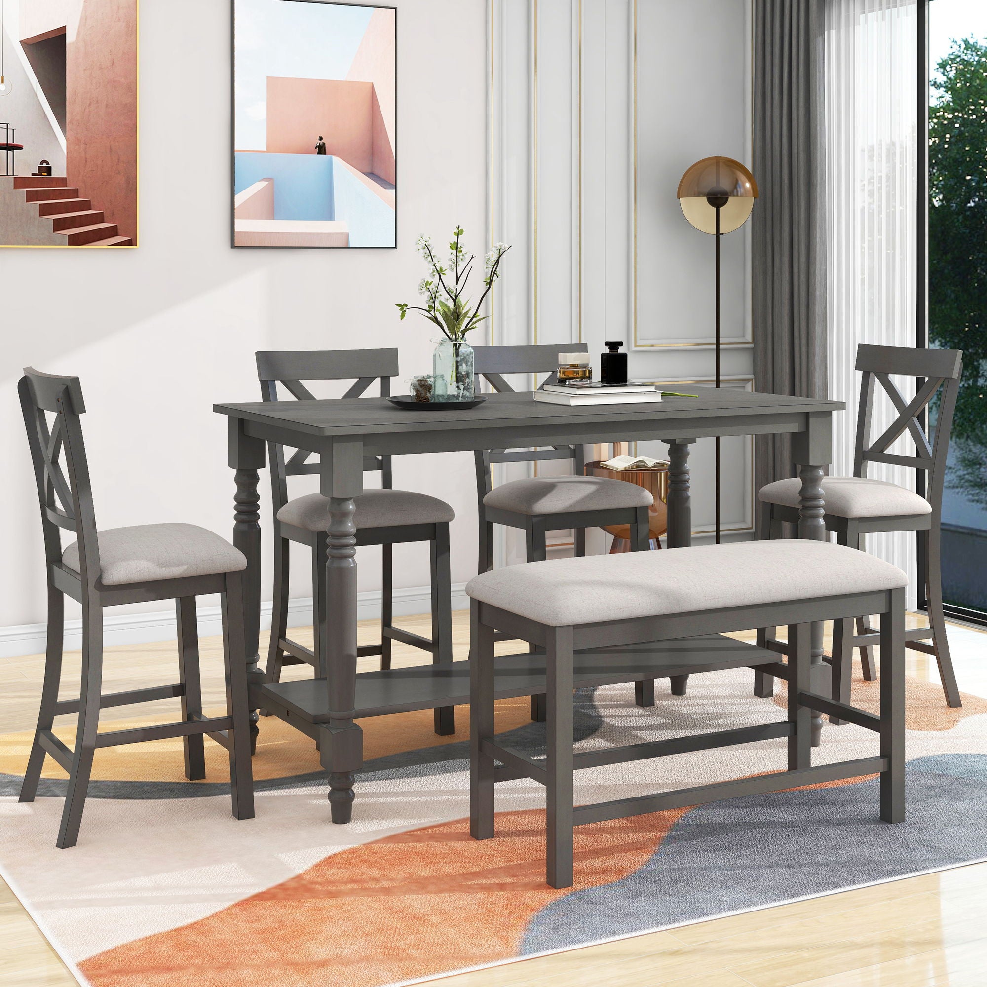 6 Piece Counter Height Dining Table Set With Shelf, 4 Chairs And Bench