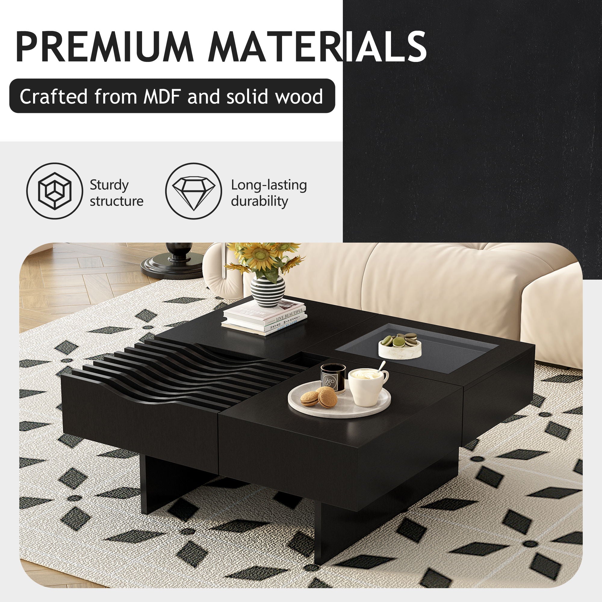 Unique Square Coffee Table With 3 Drawers