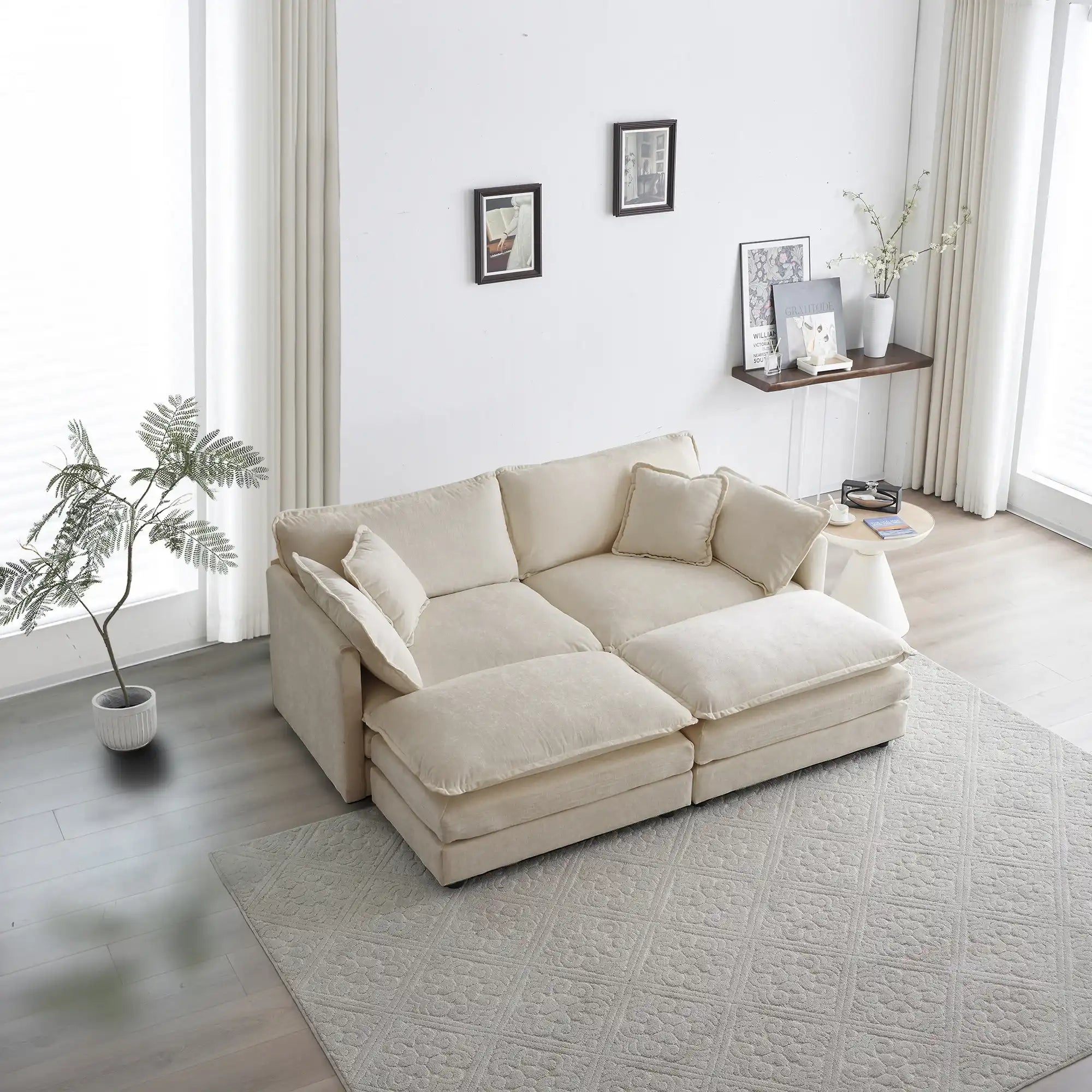 4 Piece Beige Chenille Sectional Sofa with Ottomans