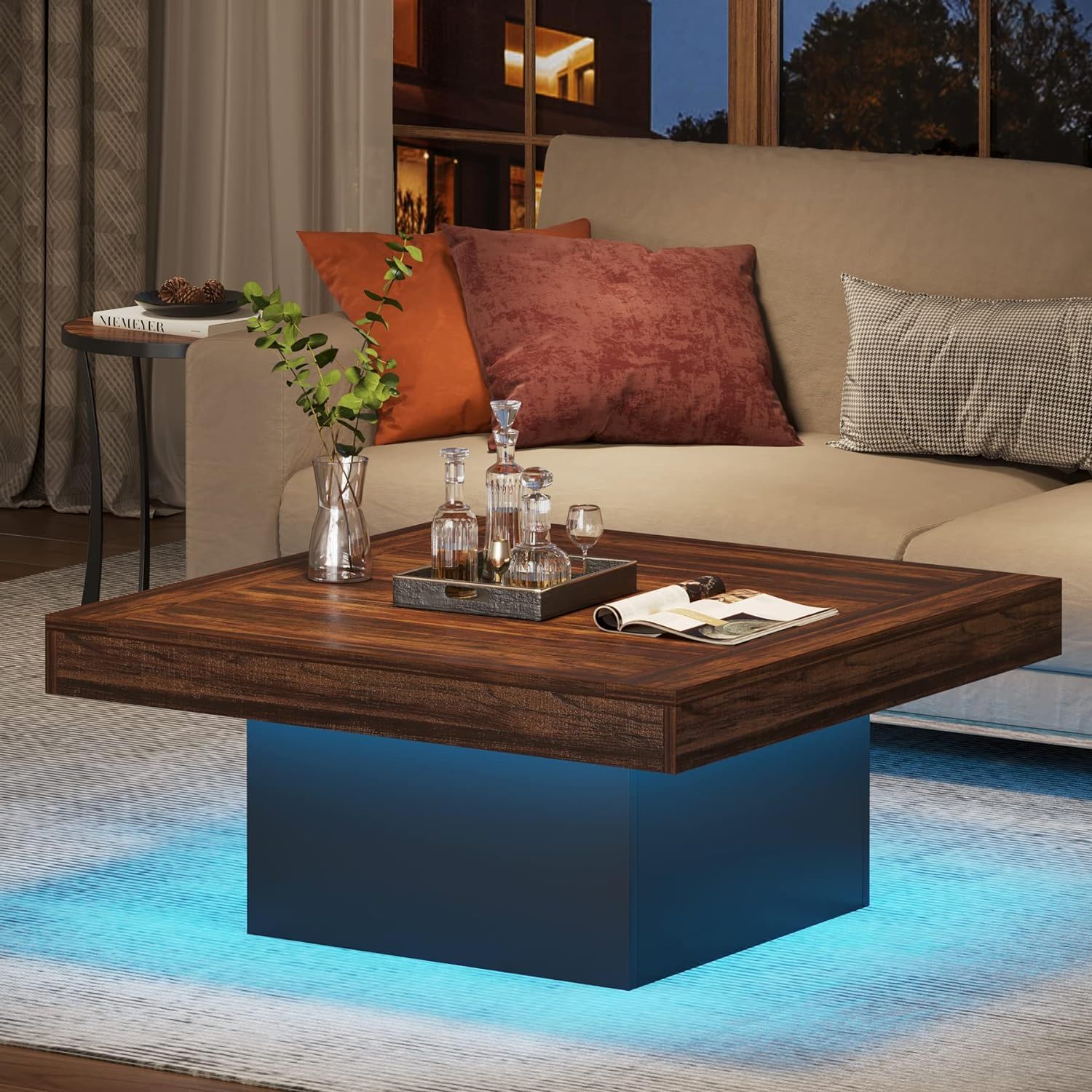 LED Coffee Table With Base, Center Table For Living Room - Rustic Brown