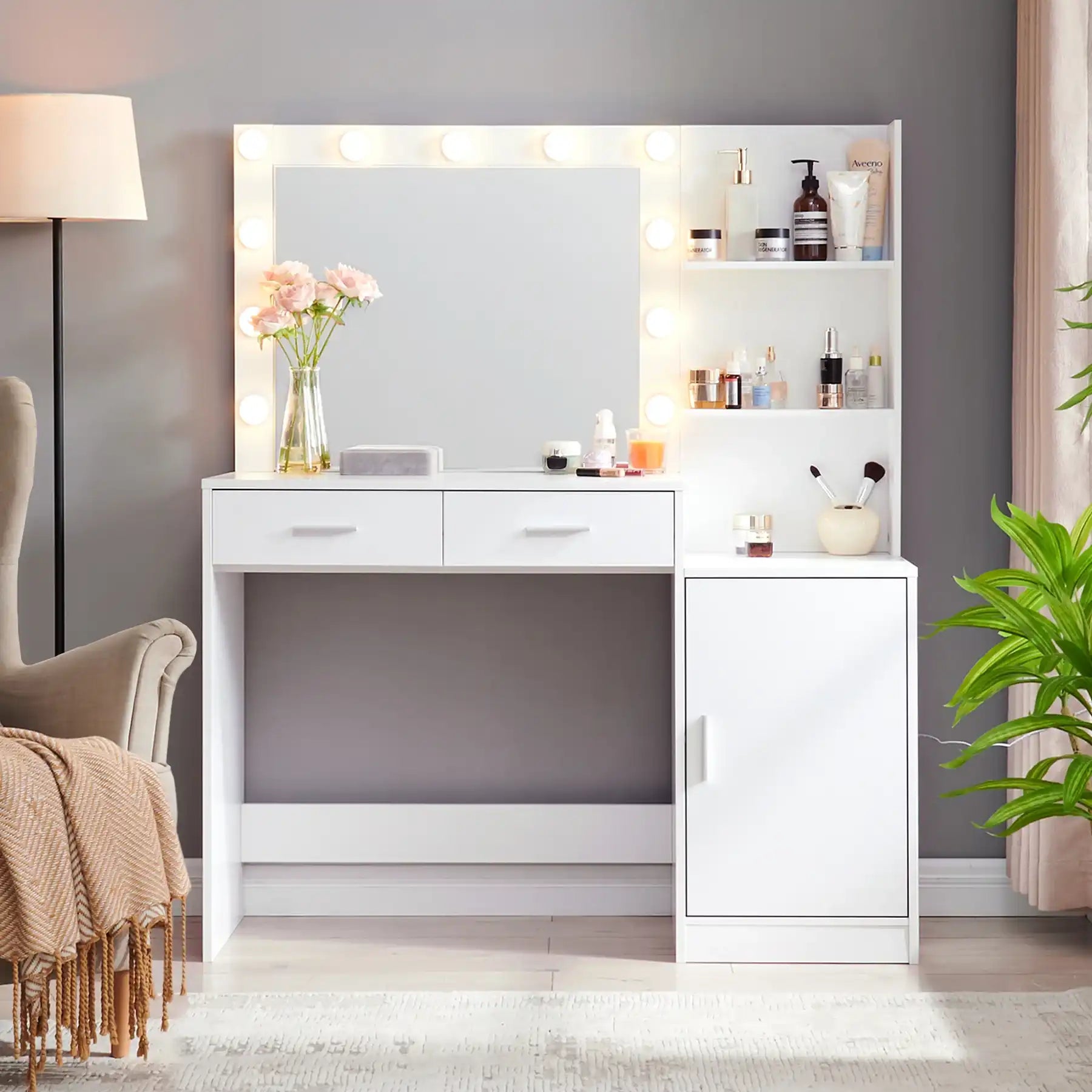 Solen Modern White Makeup Vanity Desk With Mirror