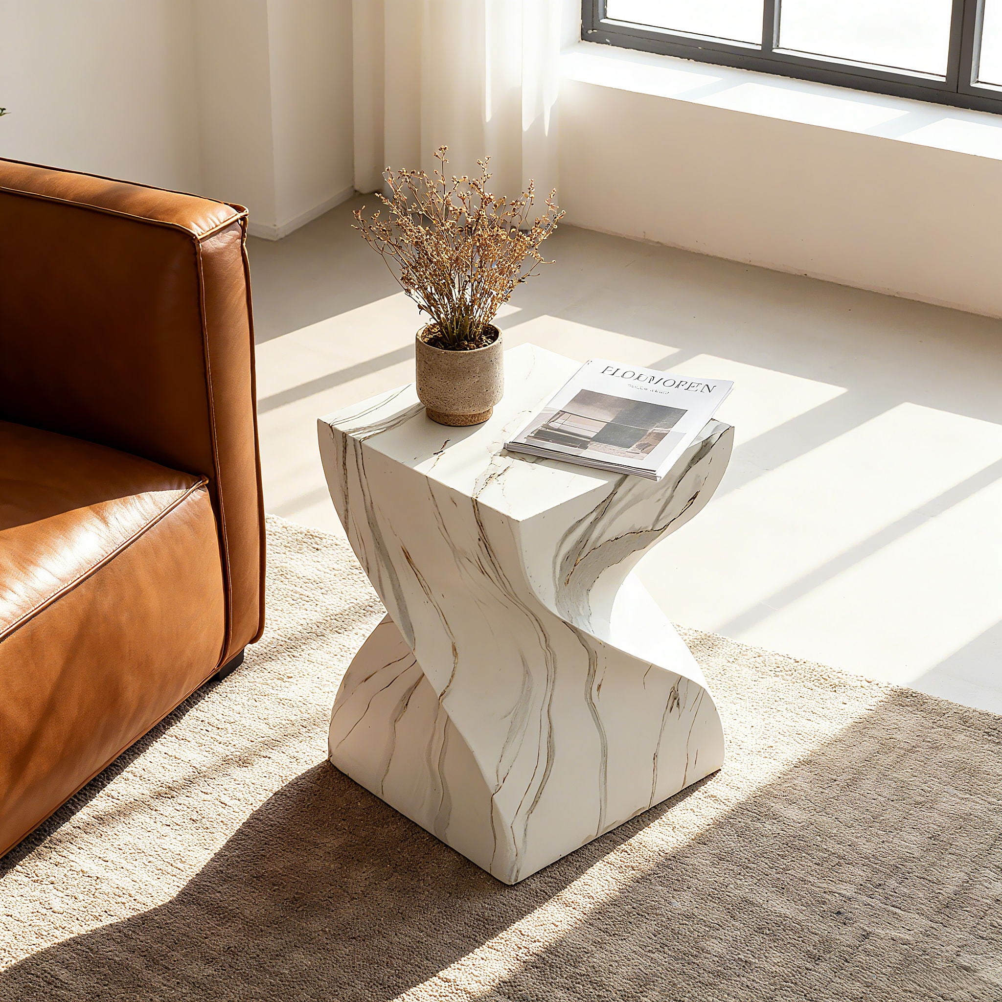 Outdoor End Table, Round Side Table For Patio And Garden - Marble