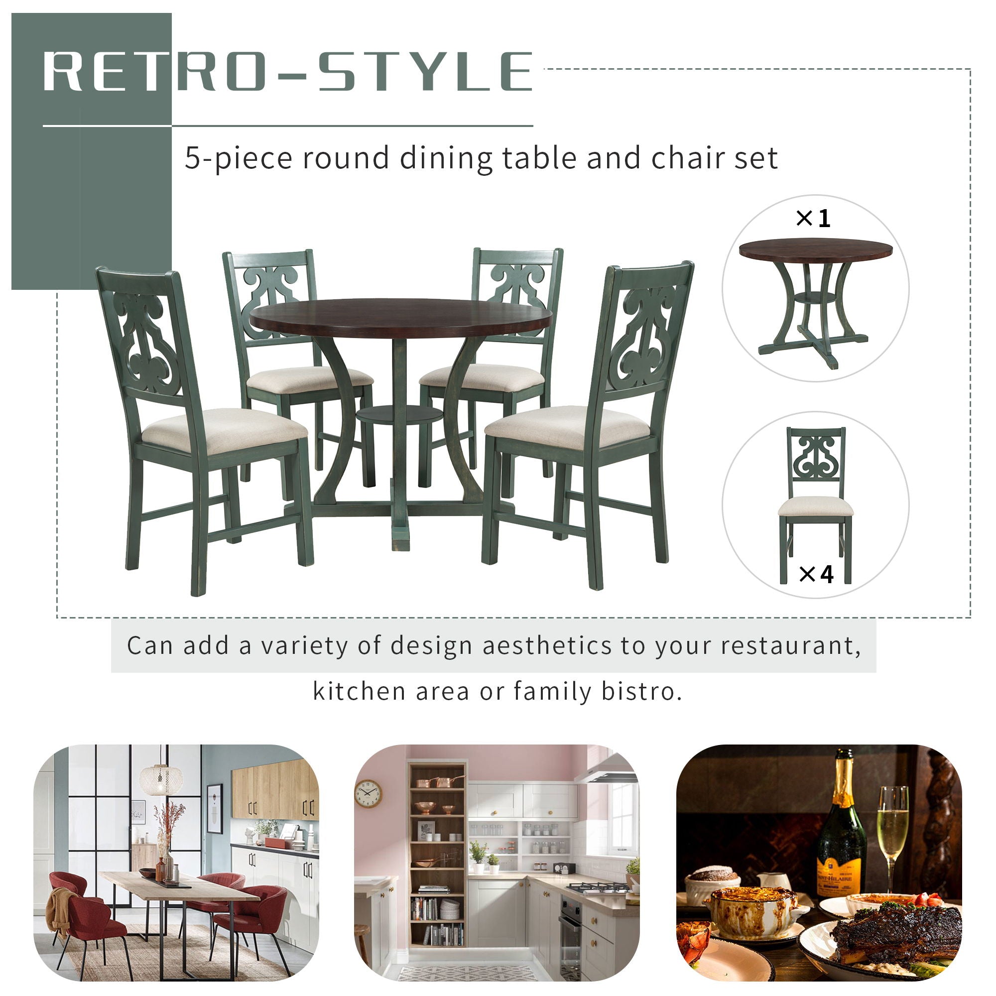 5 Piece Round Dining Table And Chair Set With Unique Legs And Hollow Chair Back