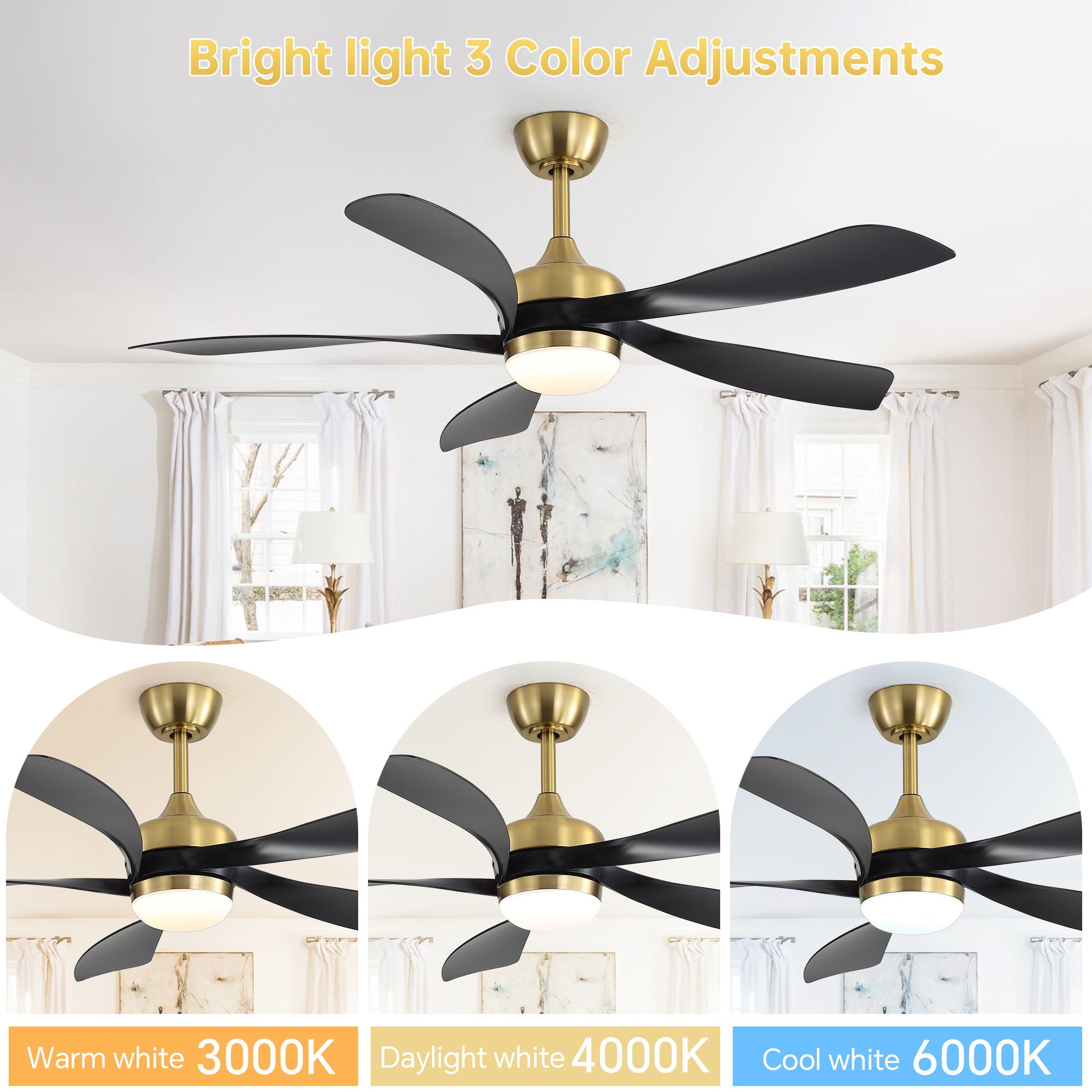 Ceiling Fan With Remote Control, Adjustable Dimmable Lighting & Silent DC Motor - Golden / Matte Black