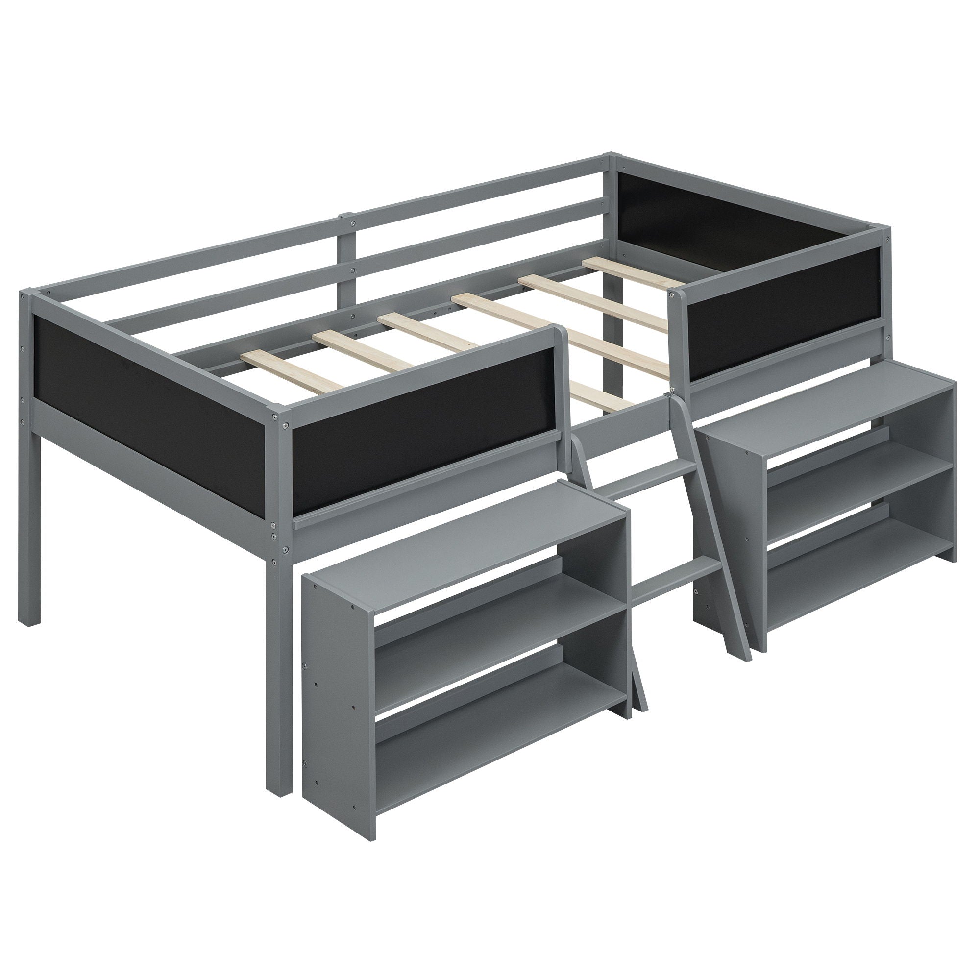 Low Loft Bed With Movable Shelves And Ladder, Decorative Chalkboard Guardrail