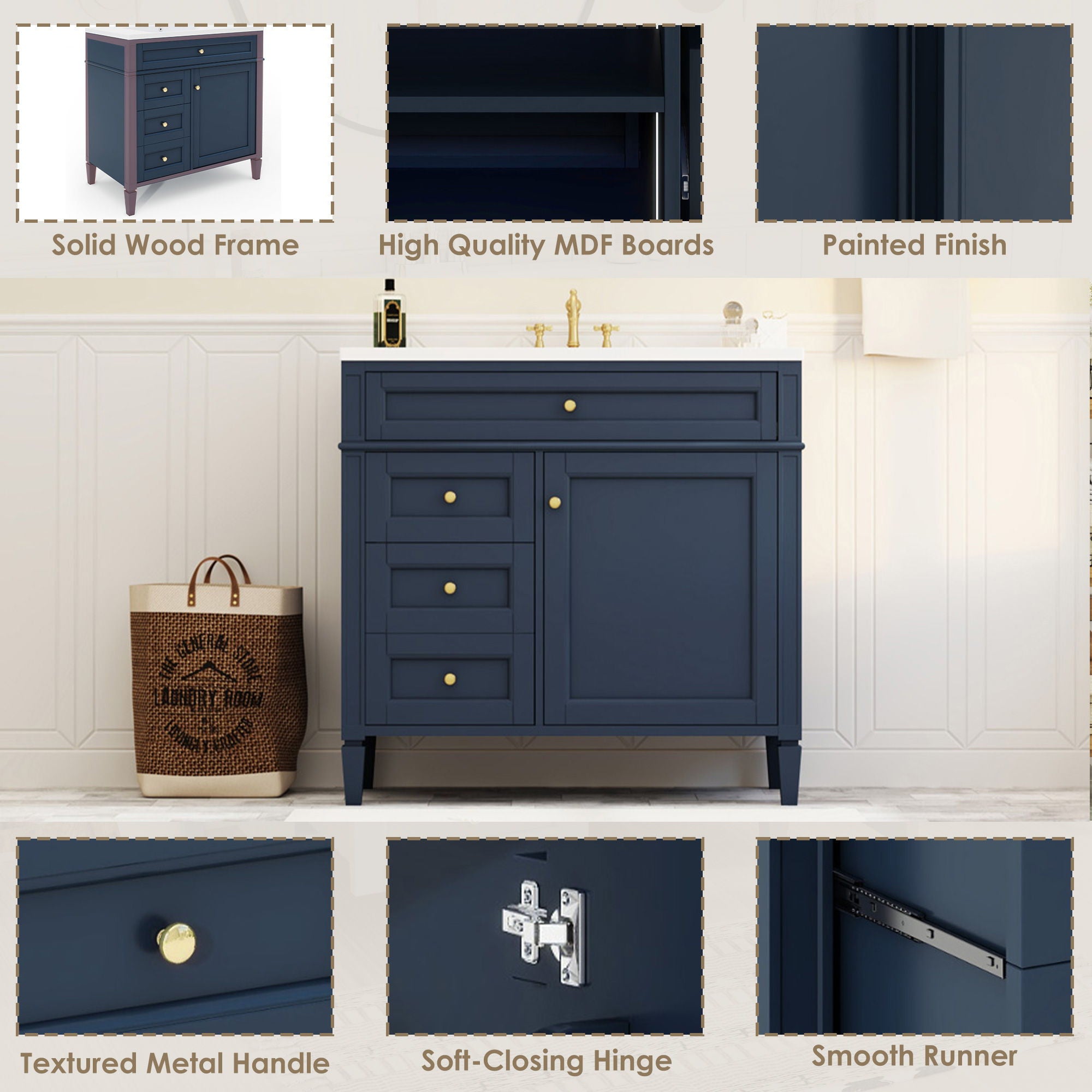 Bathroom Vanity With Top Sink, 2 Drawers And Tip Out Drawer, Rectangular Design