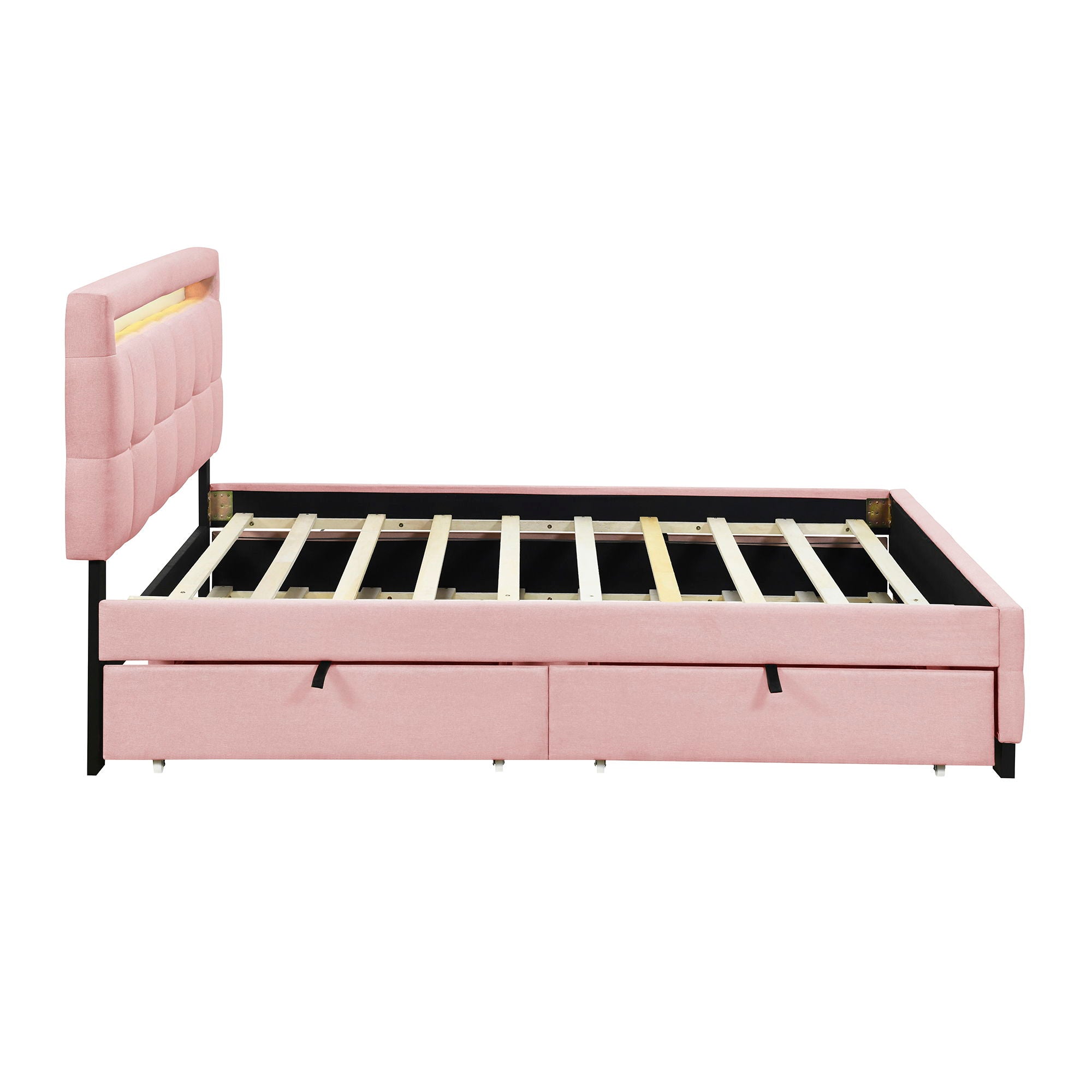 Upholstered Platform Bed With LED Frame, With Trundle And 2 Drawers