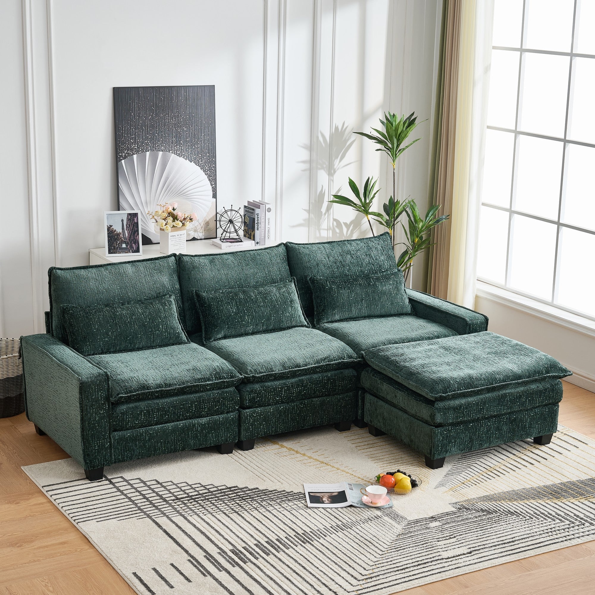 Modern Comfy Chenille L Shaped Sectional Sofa with Movable Ottoman