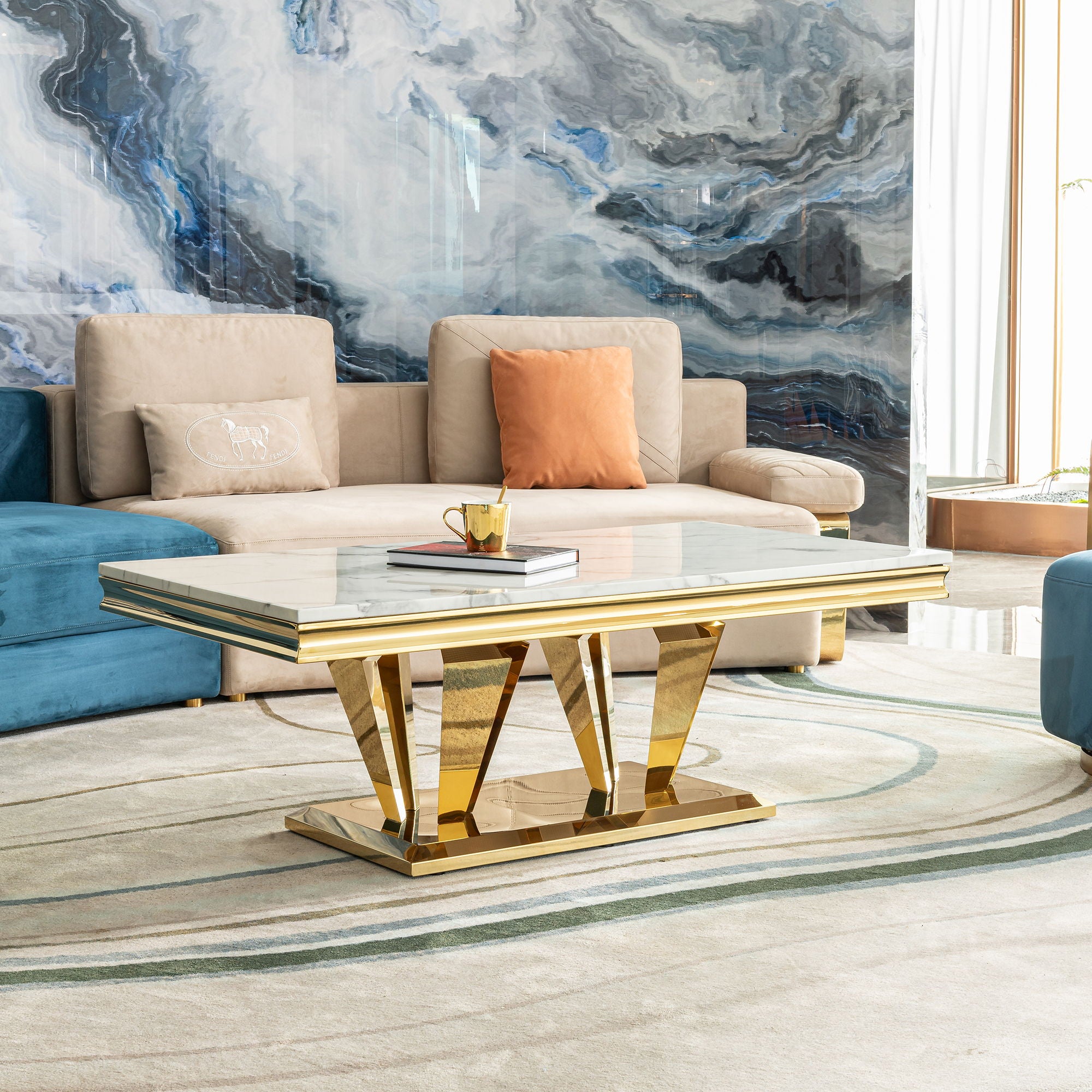 Modern Rectangular Coffee Table With Marble Pattern Top, Stainless Steel Base - Gold