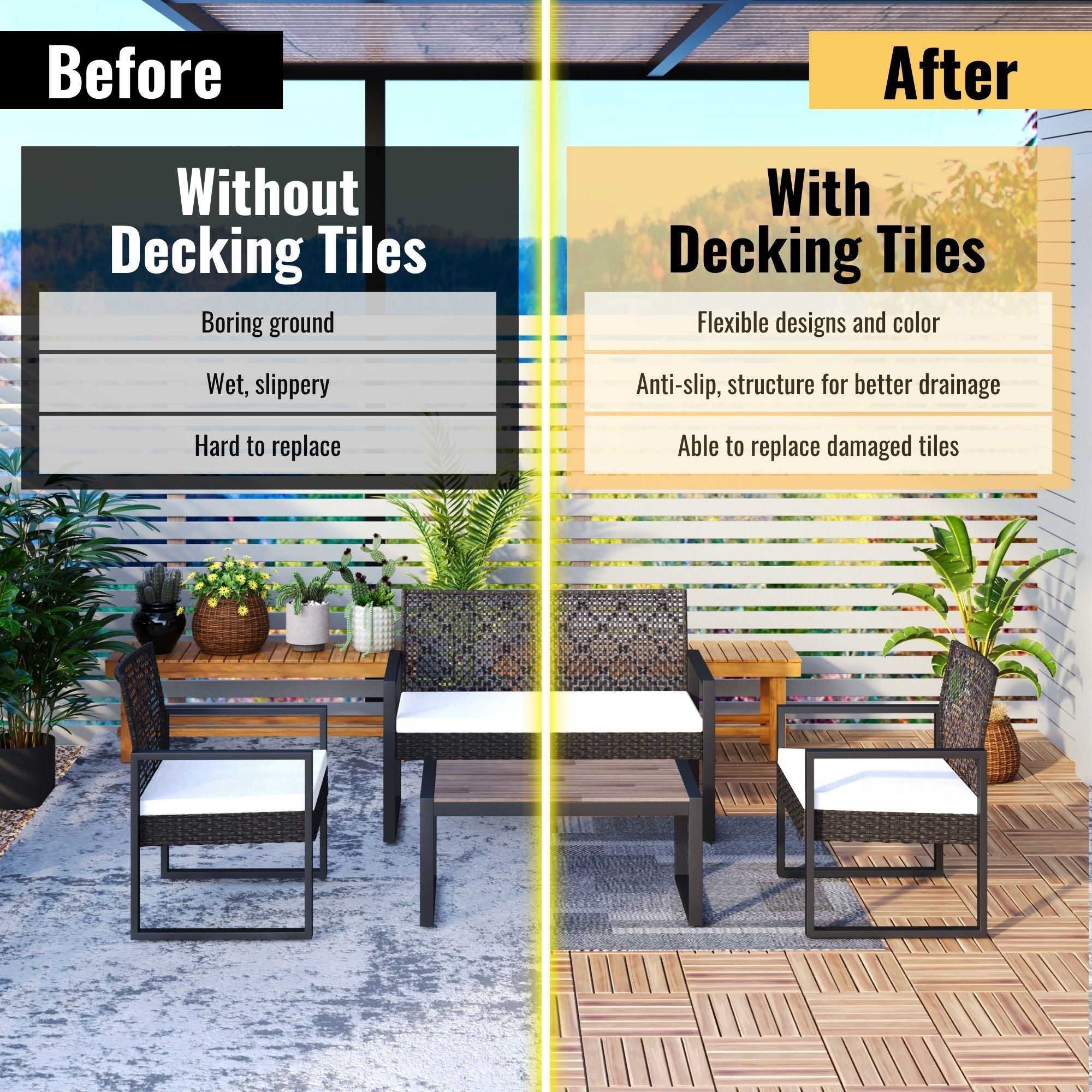 Interlocking Deck Tiles Striped Pattern, Waterproof Anti Mildew Brown