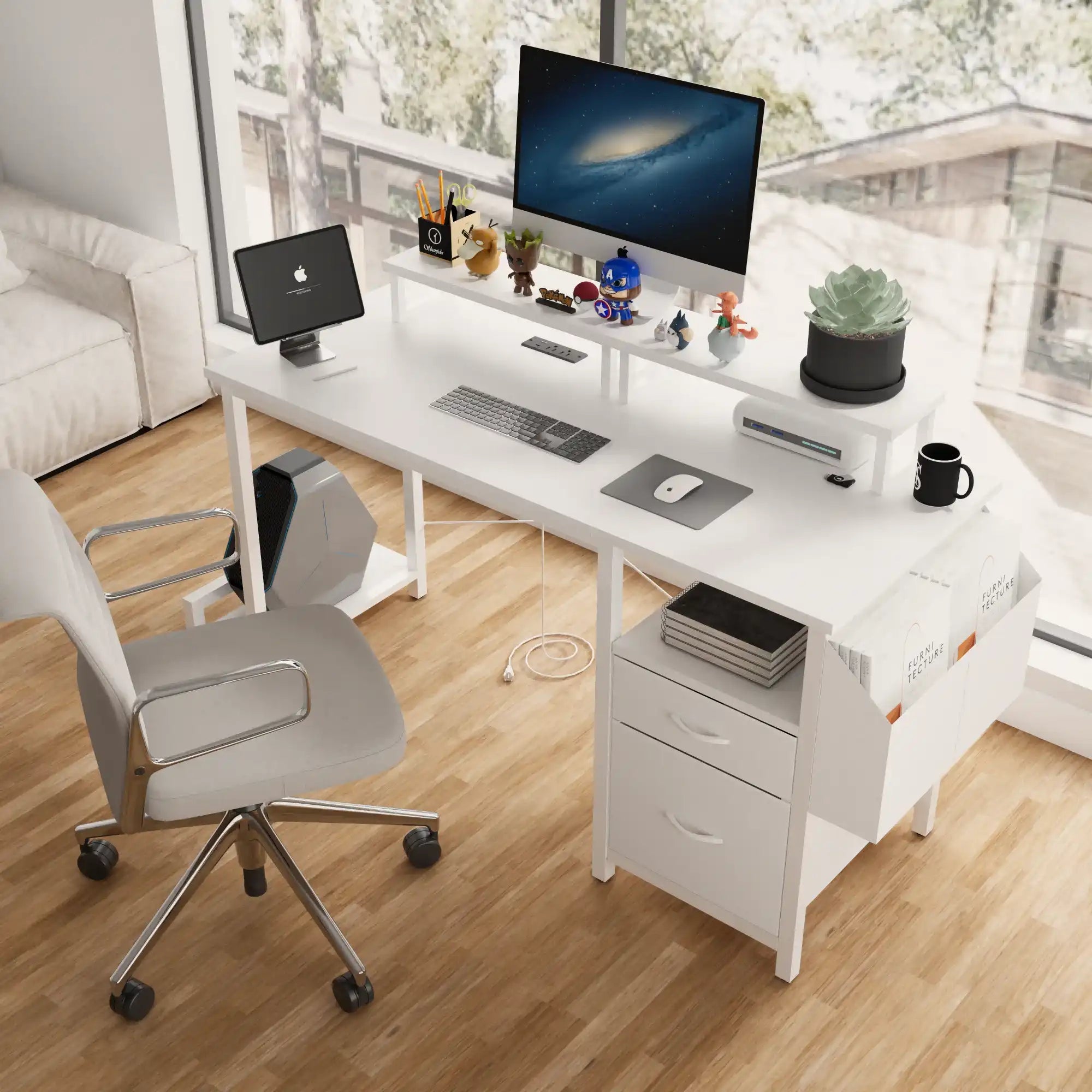 47.3" White Office Desk with Power Outlet and Monitor Stands - Best Buy Furniture