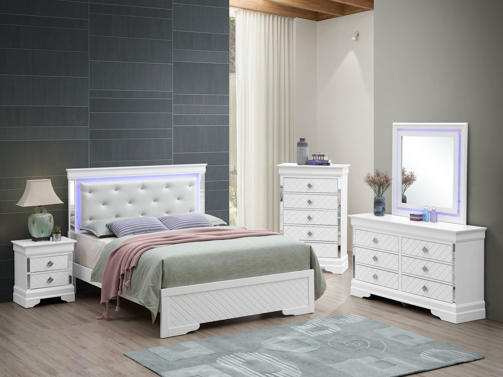 Bed With LED Light Accents Headboard
