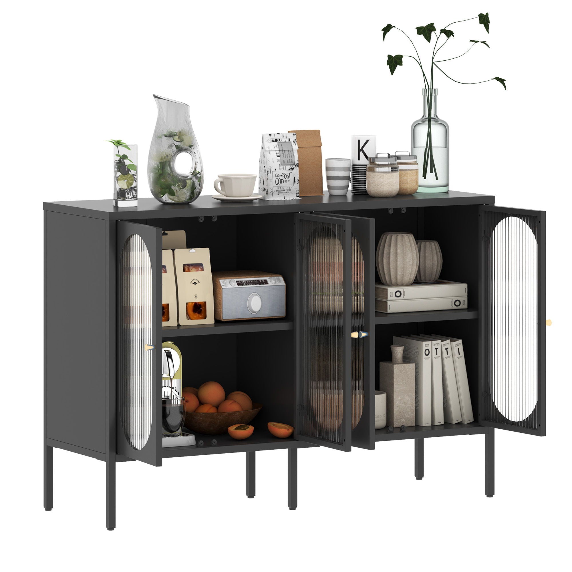 Modern Metal Sideboard Cabinet With 4 Glass Doors, Steel Kitchen Storage And Coffee Bar Cabinet - Black