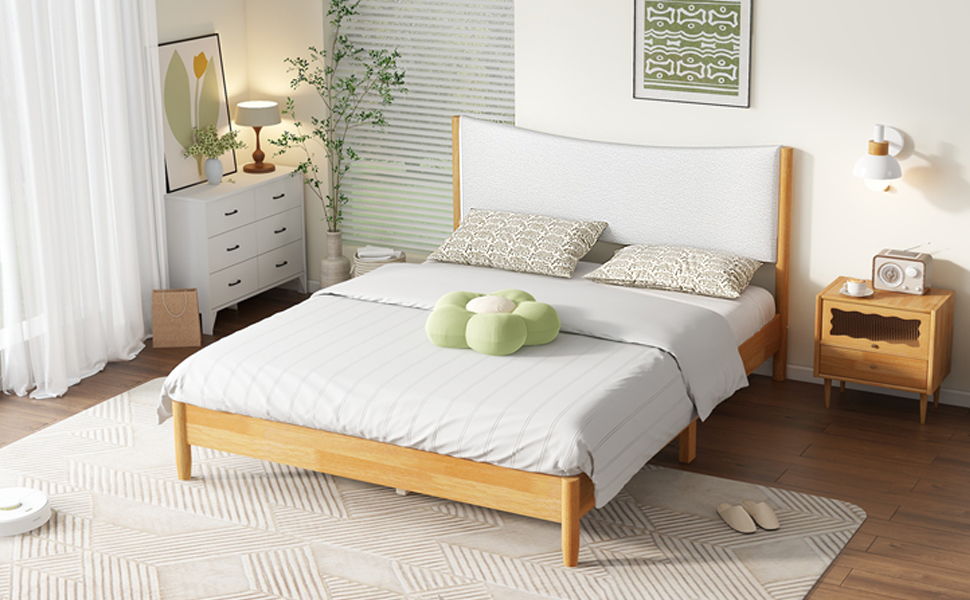 Queen Size Rubber Wooden, Solid Wooden Bed With Teddy Velvet Cushion Upholstered Headboard, Enhanced By Support Feet - Natural