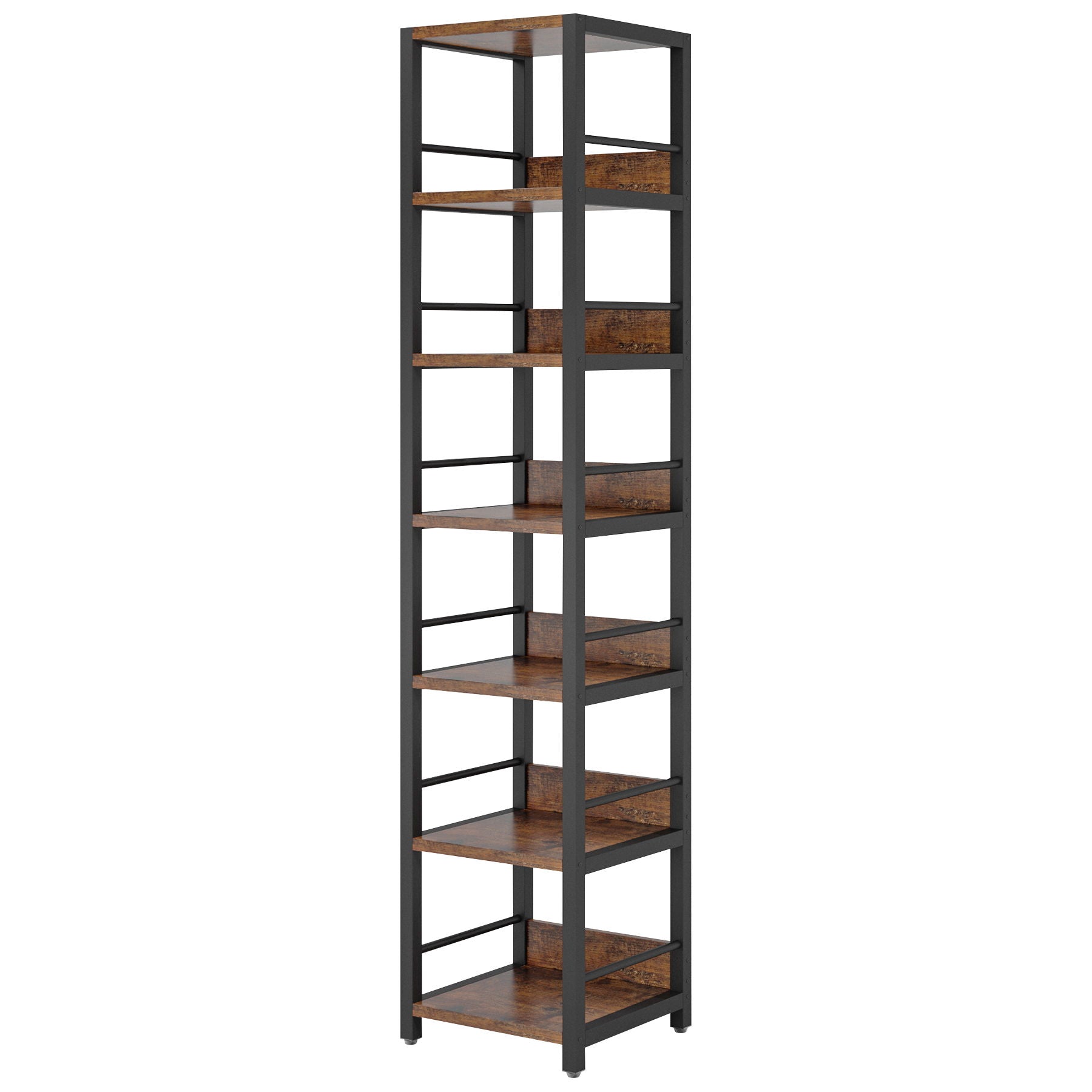 Tall 6 Tier Corner Shelf, Narrow Bookshelf Storage Rack, Square Etagere Display Stand - Rustic Brown