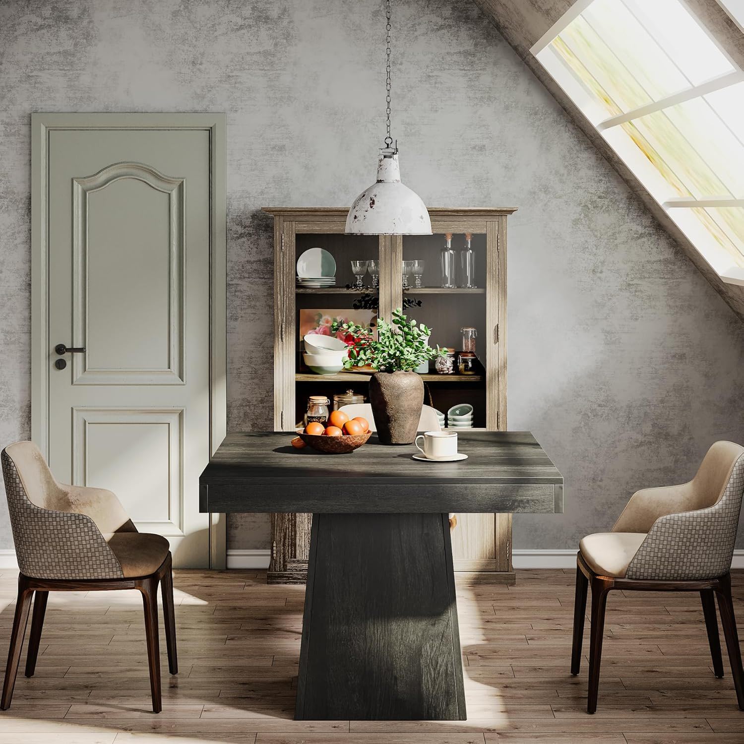 Square Dining Table For 4 With Thick Grain Top And Sturdy Pedestal Base - Gray