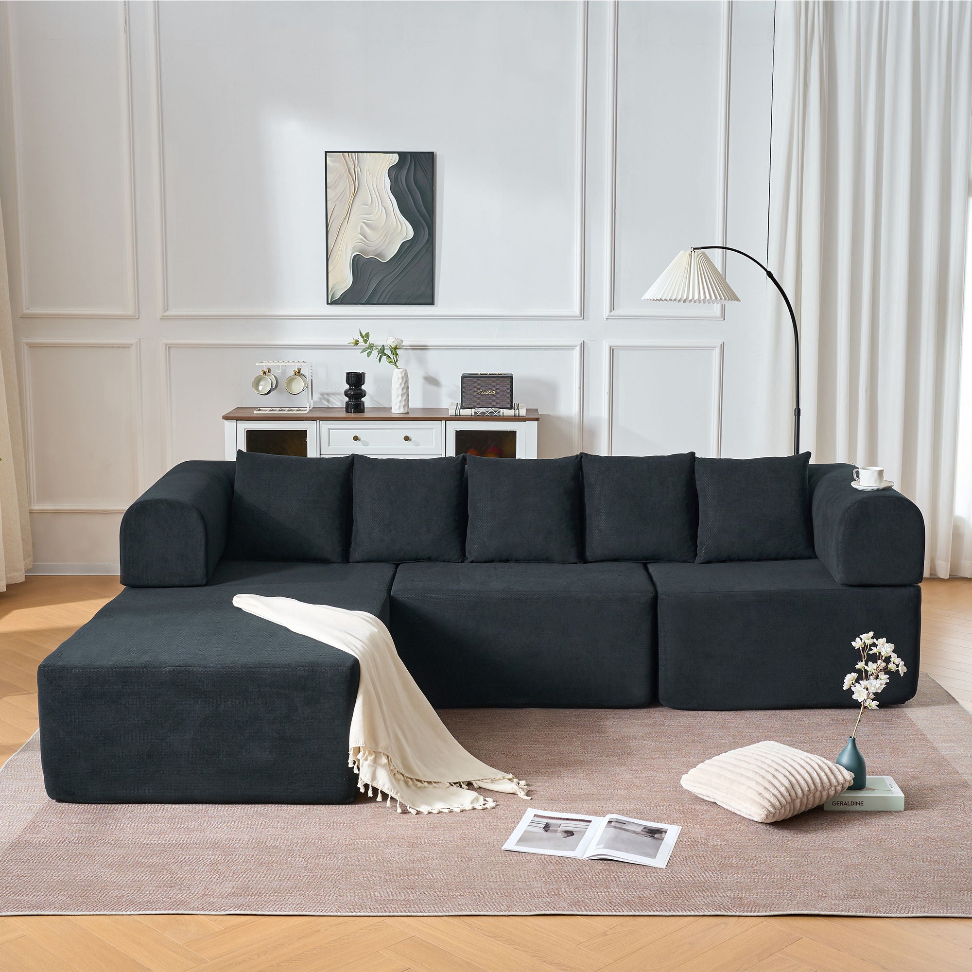 Modular L-Shaped Sectional Sofa With Deep Seat, Movable Chaise & 5 Pillows