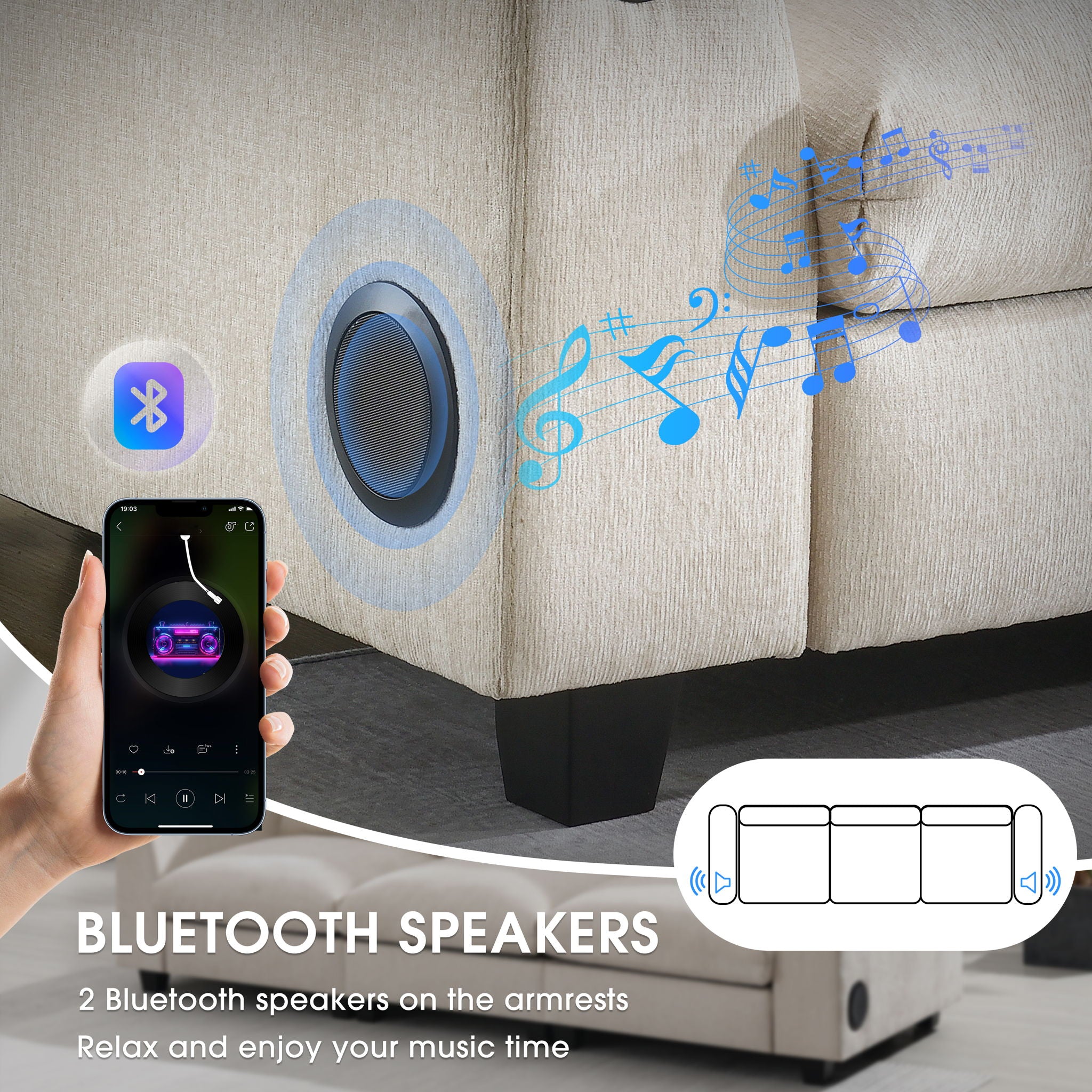 Sectional With Bluetooth Speaker Comfy Cloud Couch Set With Drop Down Table Cup Holders, USB Charger Storage Armrest Wide Seat Sofa - Best Buy Furniture