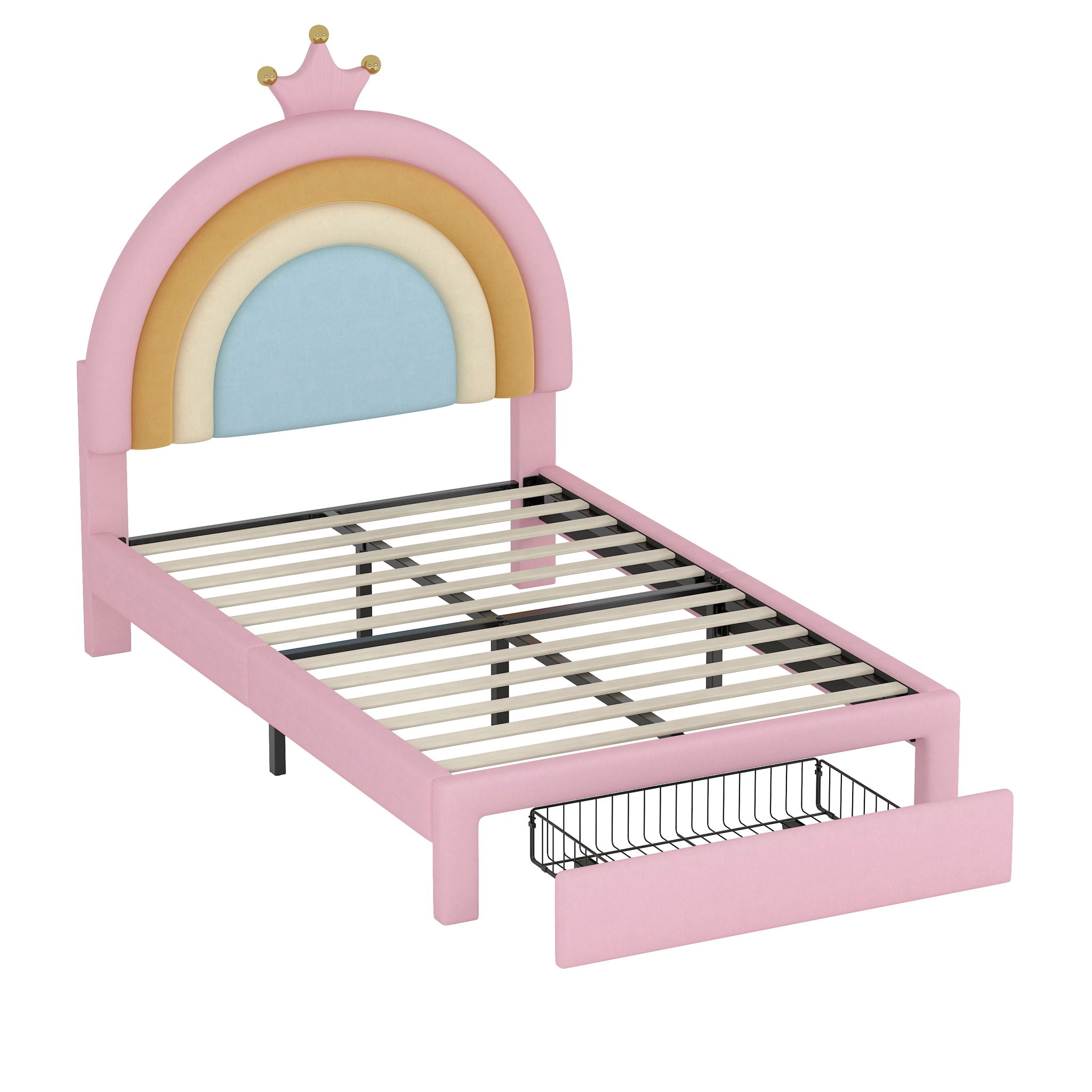 Upholstered Rainbow Design Bed, Velvet Princess Platform Bed With Storage Drawer