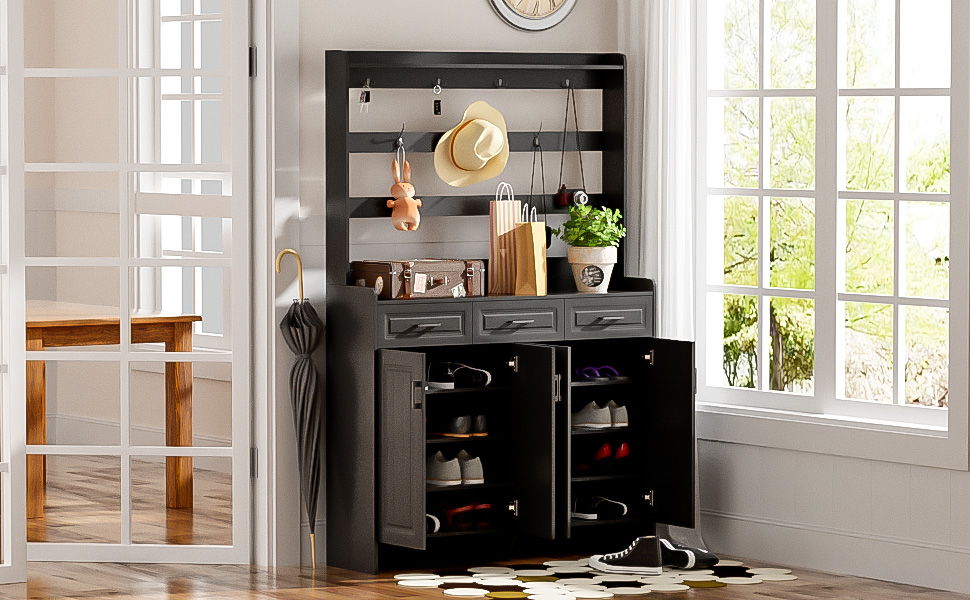 Minimalist 4 Door Shoe Cabinet With Coat Rack, 3 Drawers, 8 Shelves, Metal Hooks And Handles