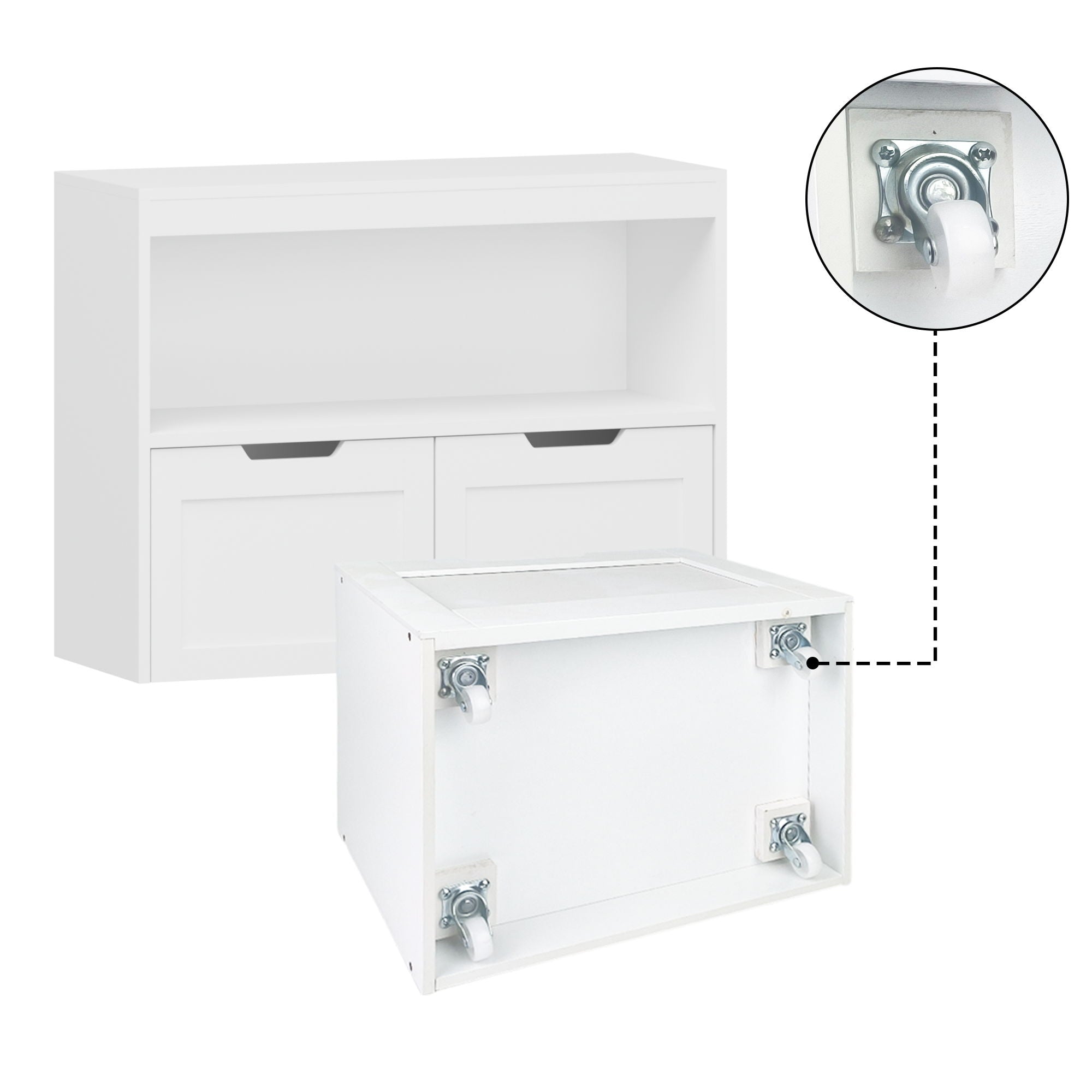 Book Organizer With Large Drawers And Open Shelves, Toy Storage Cabinet With Removable Wheels And Rounded Edges - White