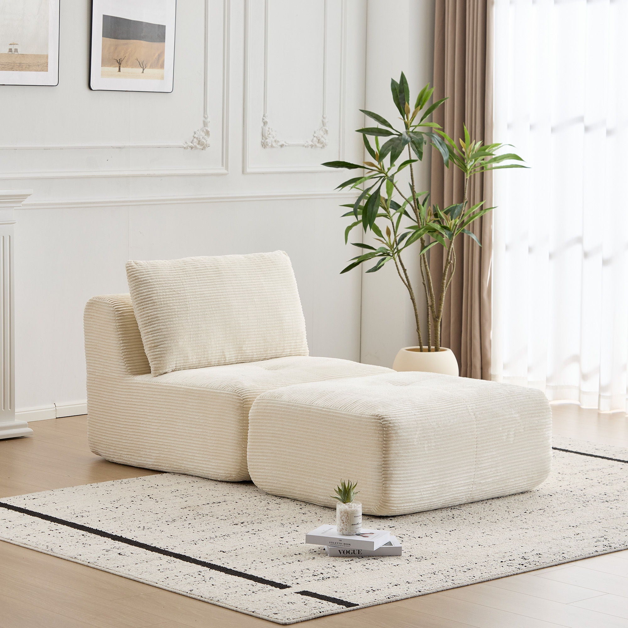 Compressed Sofa, Single Chaise Longue, Movable Ottoman For Living Room - Beige