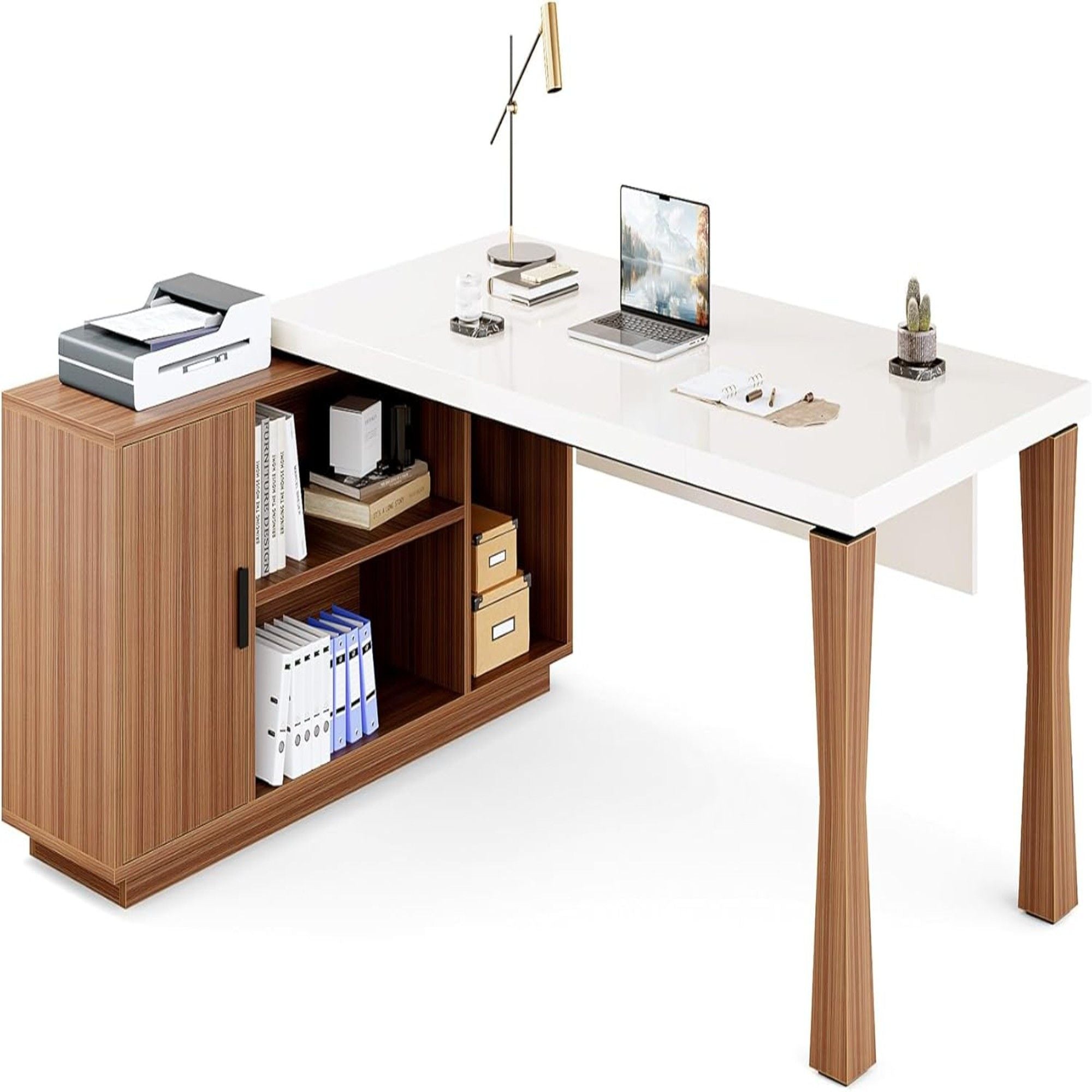 L-Shaped Executive Desk With Storage Cabinet, Home Office Workstation With Shelves - White / Walnut