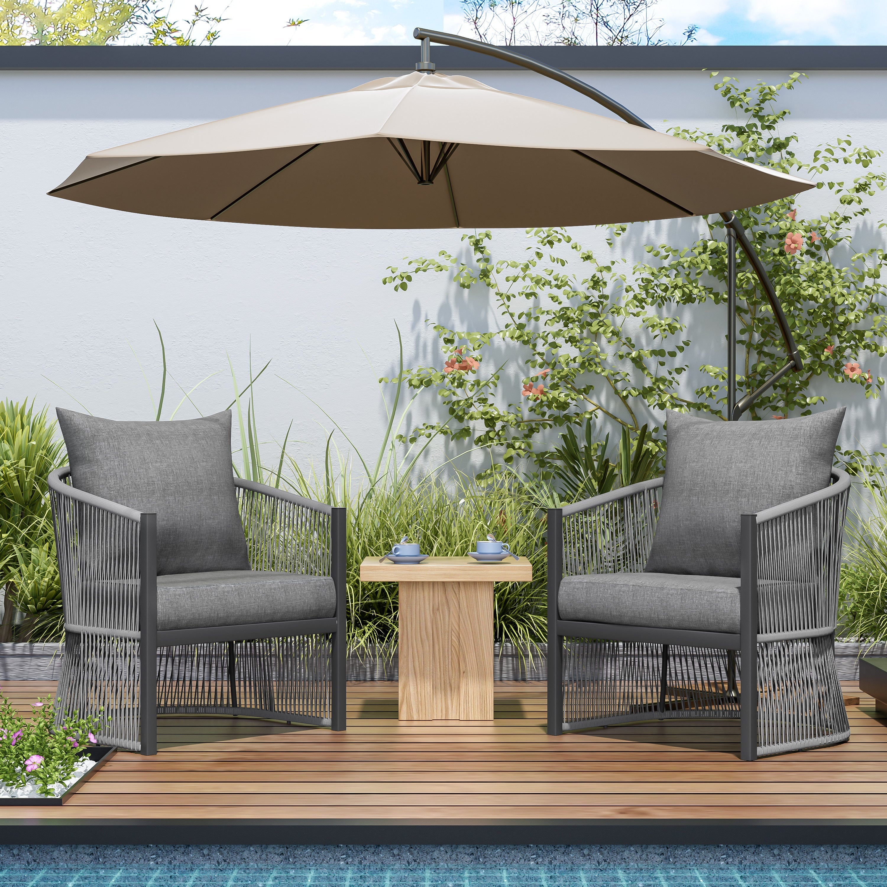 [Set of 2] Modern Gray Curved Aluminum Lounge Chair with Stylish Rope-Weave Design and Cushioned Comfort, Perfect for Outdoor Living