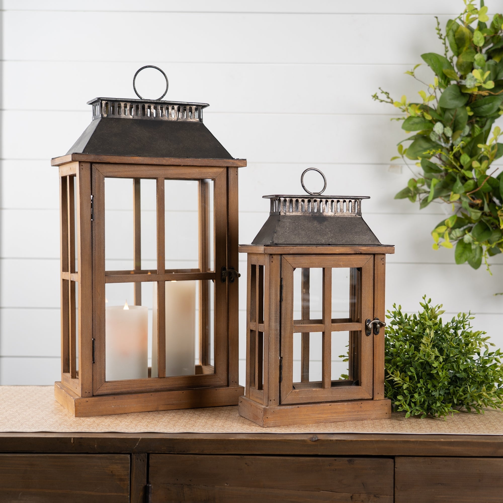 Rustic wood floor lantern with galvanized metal lid (set of 2)