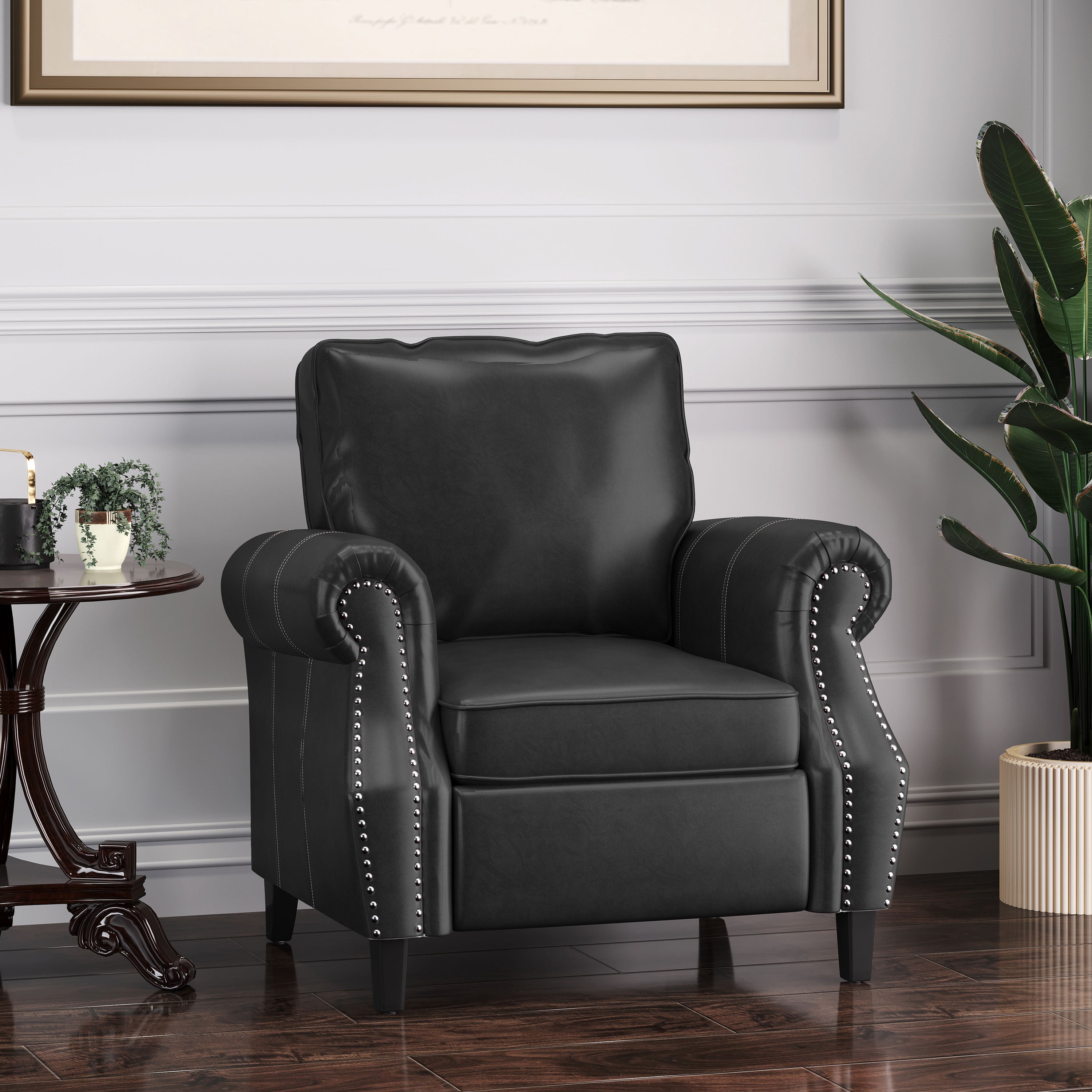 Contemporary Black PU Club Chair with Nailhead Trim and Rolled Armrests