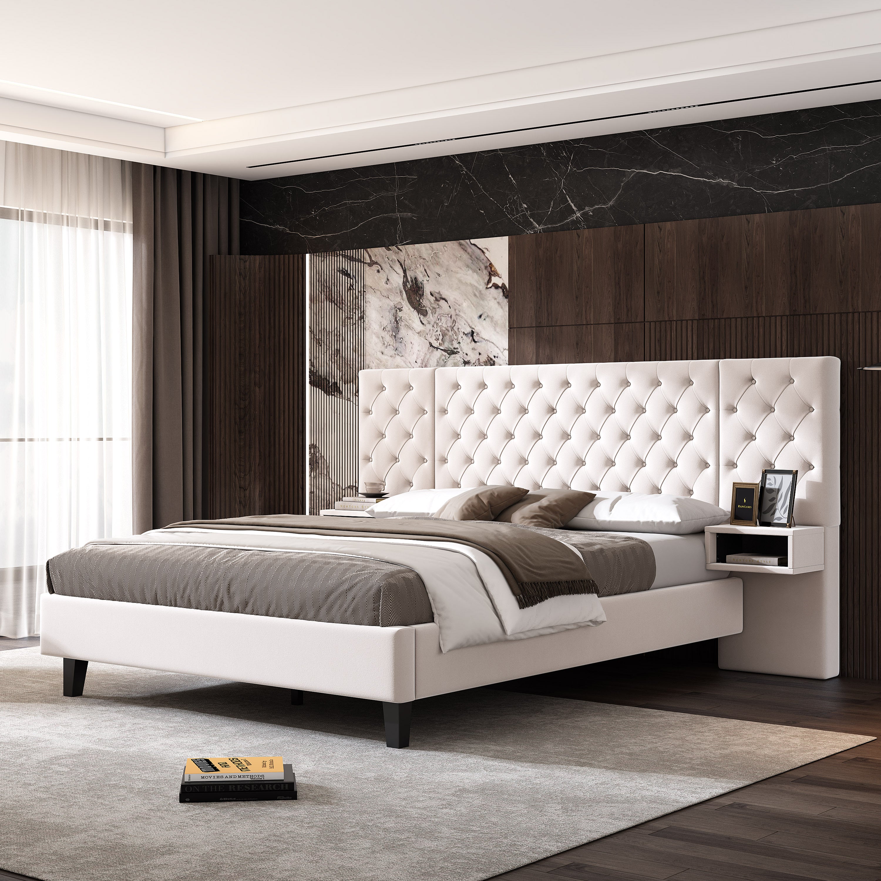 Modern Queen Size Bed with 2 Nightstands