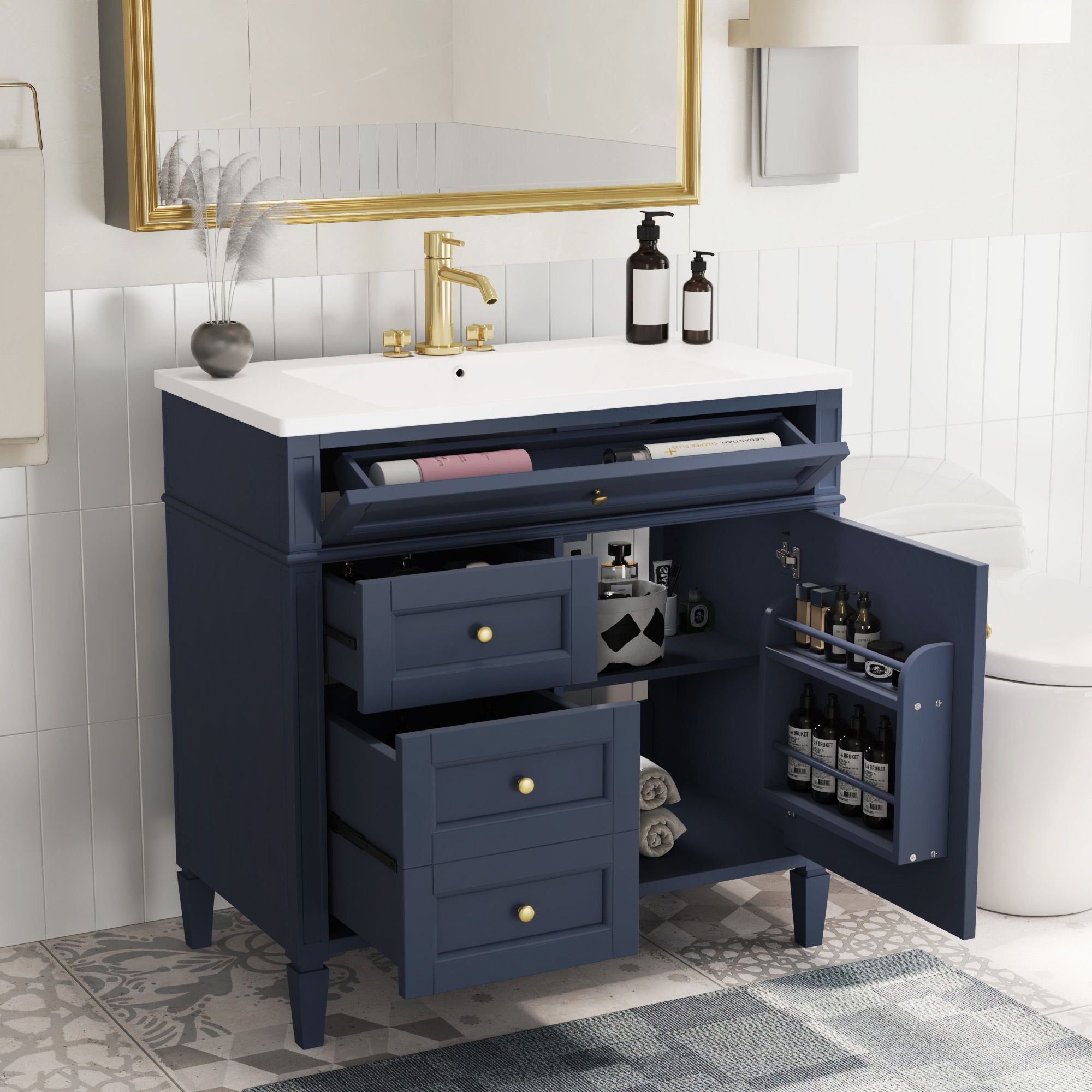 Bathroom Vanity With Top Sink, 2 Drawers And Tip Out Drawer, Rectangular Design