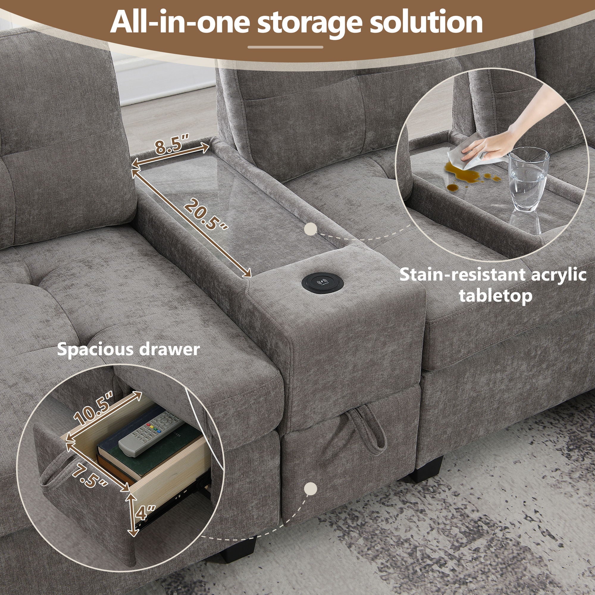 Sectional With Acrylic Table Top U Shaped Couch Set With 2 Consoles USB Charger, Storage Drawers And Pockets Movable Ottoman Tufted Sofa